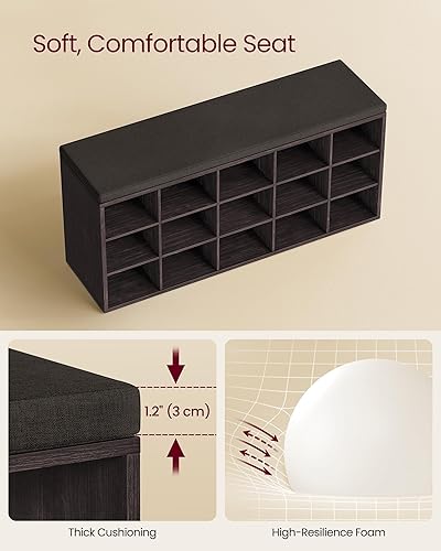 Miniatura 6 de VASAGLE - ULHS15BR Banco para guardar zapatos, con cojín y 15 compartimentos, mueble para almacenar calzado que soporta hasta 440 libras, para el