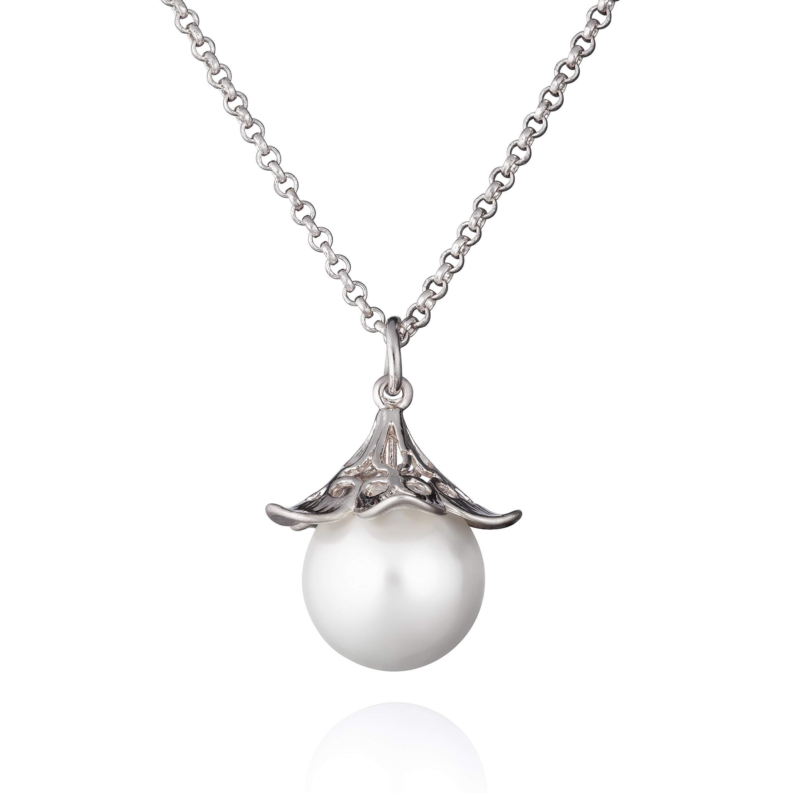 namanaPearl Pendant Necklace for Women, Pearl Necklace for Women and Teenage Girls, Flower Necklace with Filigree Details and a Large Faux Pearl, with Jewellery Pouch
