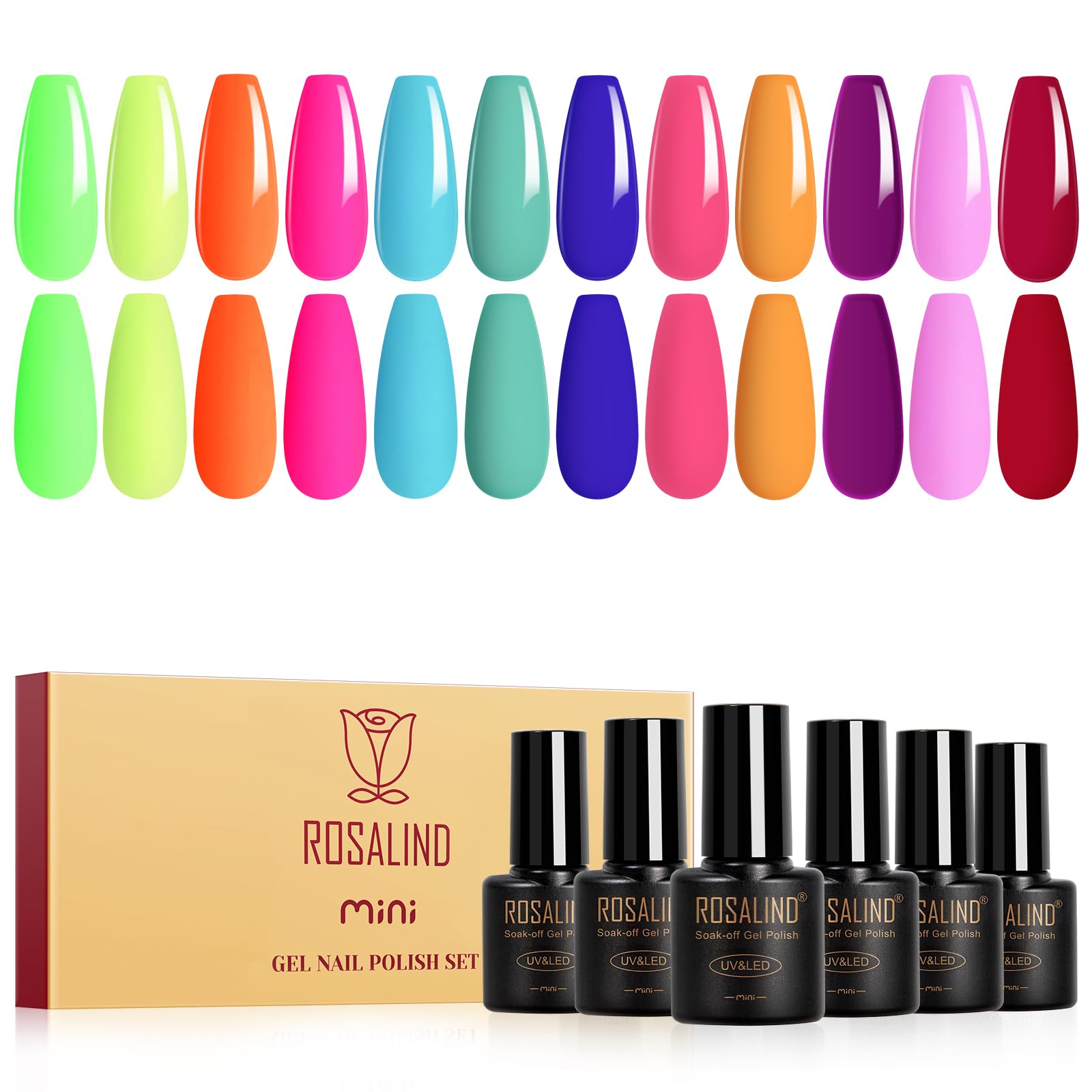 ROSALIND Smalto Semipermanente Unghie, 12 Colori Smalti Semipermanenti Colori Verde Giallo Arancione Blu Rosa Viola Rosso, Soak Off Mini UV/LED Smalto Gel Unghie Manicure Primavera Estate