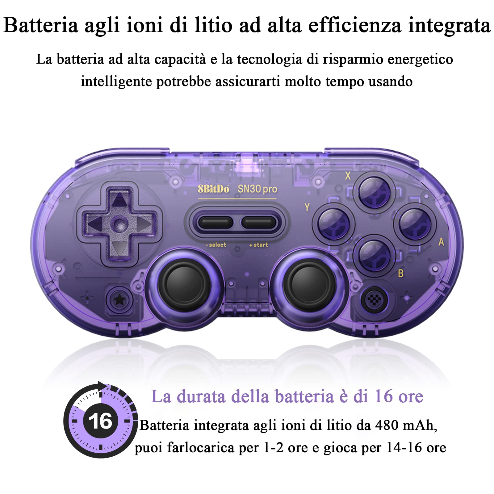 8Bitdo Controller di Gioco Bluetooth SN30 PRO Compatibile con Switch PC, Aggiornamento Joystick Effetto Hall, Gamepad Wireless per PC, Windows, Android, macOS, Steam, Raspberry Pi (Viola Trasparente)