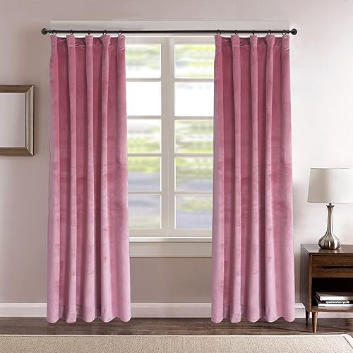 Roslynwood Cortinas de terciopelo color rubor, aislamiento térmico, ahorro de energía de lujo, con bolsillo para barra y anillos de clip, bloqueo de