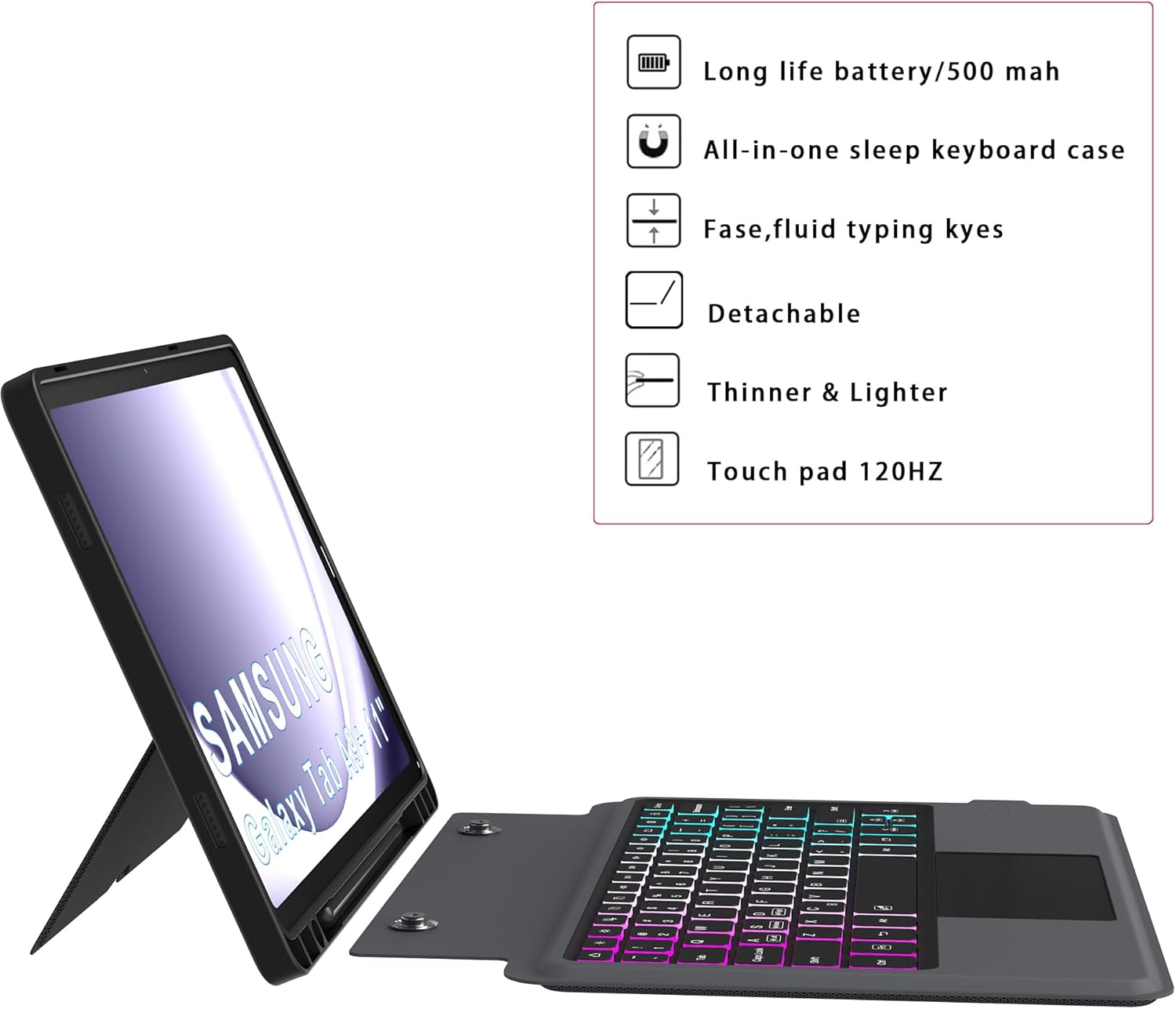 for Galaxy Tab A9+ 11 inch Case with Keyboard - Rainbow Backlit Detachable Tablet Keyboard Cover with Touchpad - Auto Wake-up/Sleep Keyboard Case with Pen Holder for Samsung Galaxy Tab A9 Plus 5G 2023