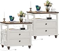 Vista 28 de Mesita de noche estilo granja con estación de carga, mesa auxiliar de 61 cm de ancho con 2 cajones, cómoda marrón para dormitorio, cómoda de cajones
