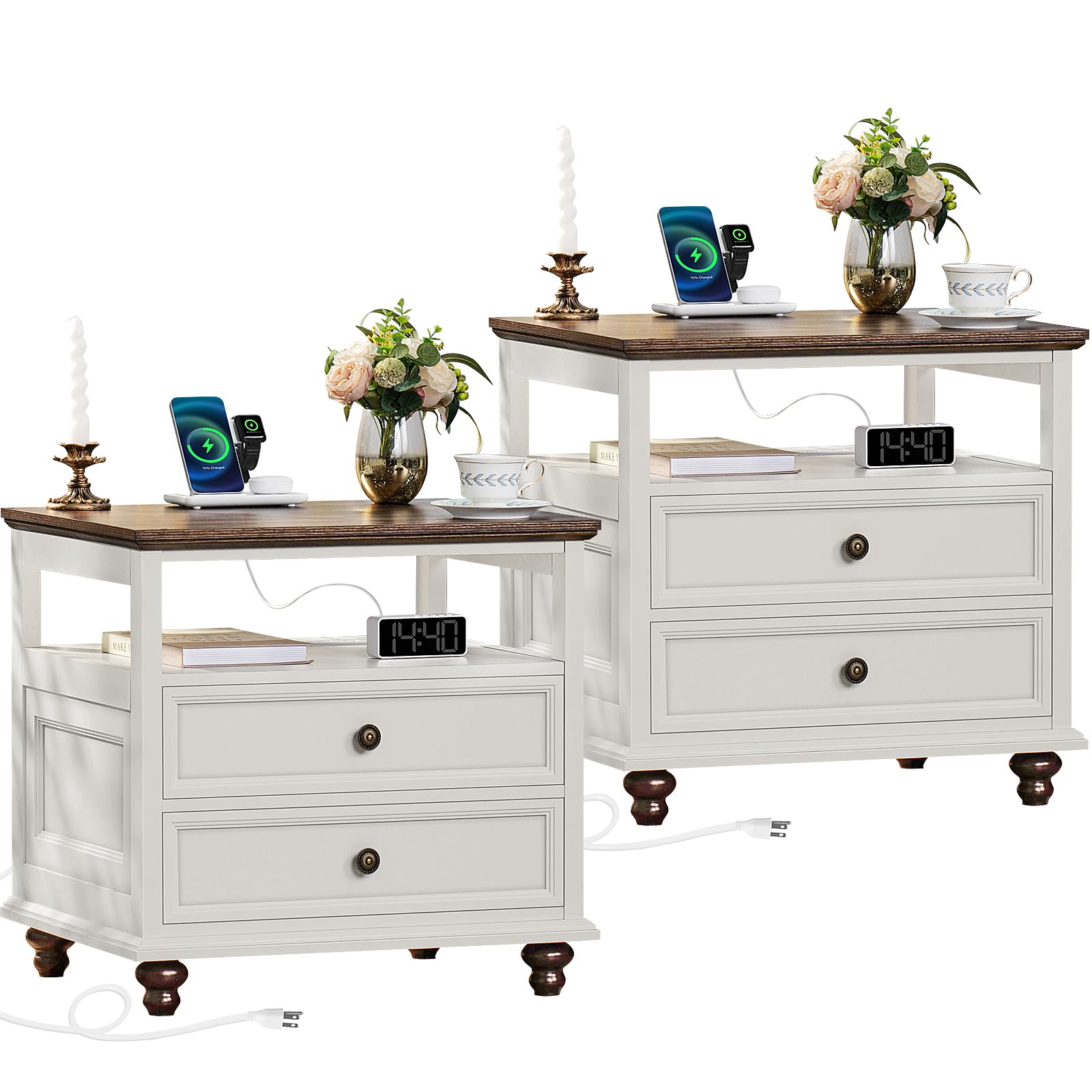Joaxswe Farmhouse Nightstand Set of 2 with Charging Station, 24" Wide End Table with 2 Drawers,Dresser for Bedroom,Bed Side Table Chest of Drawers