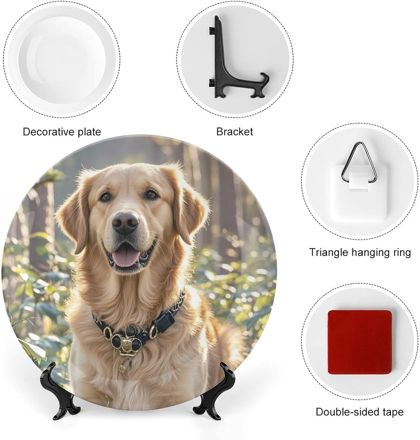 Golden Retriever Ceramic Plate 10inch Decorative Bone China Wall Hanging Ornament Plates Bohemian Style Dinner Plate with Display Stand Cabinet Display Plates for Home Art Decor