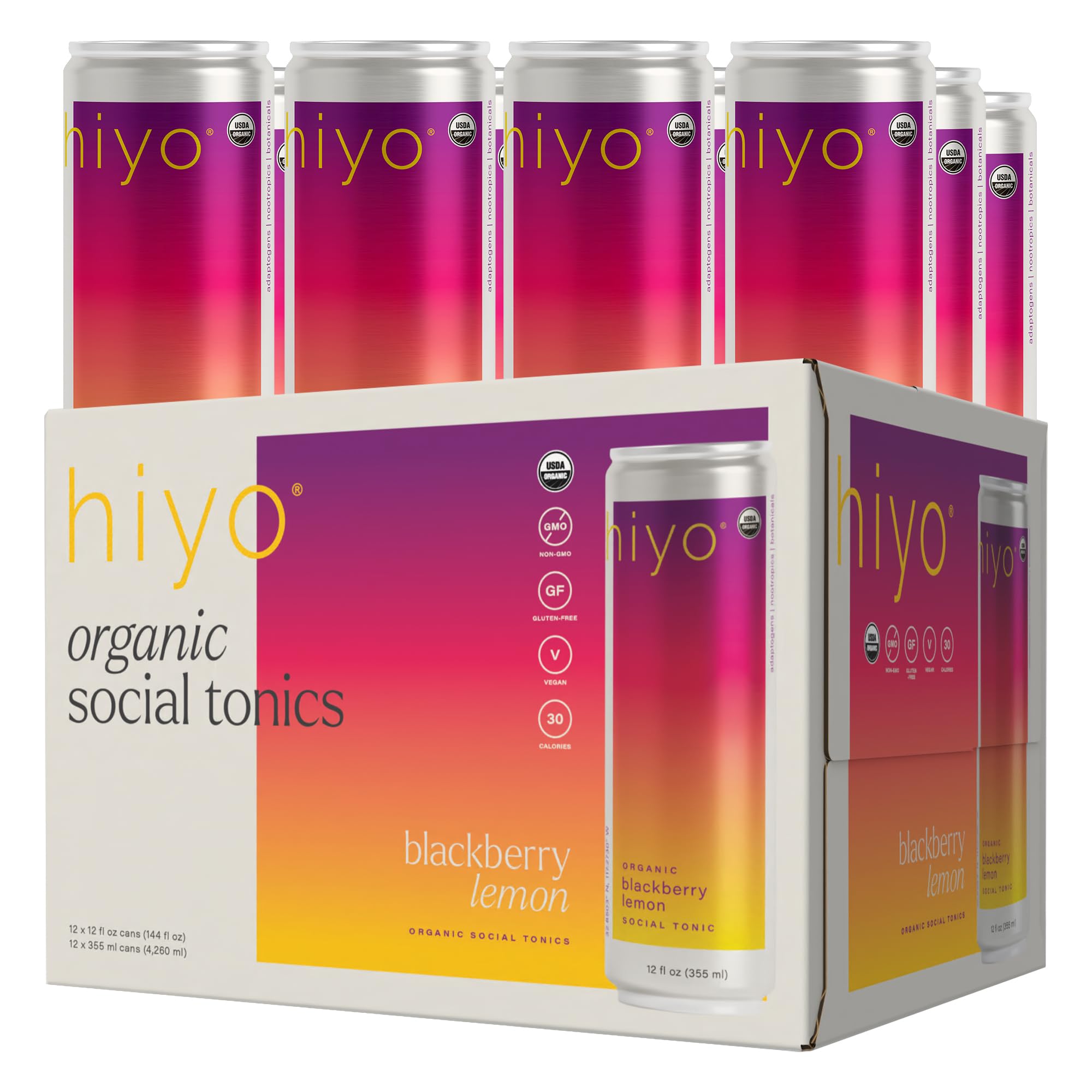 Hiyo Organic Social Tonic - Blackberry Lemon, 12 Pack - N.A. Functional Seltzer, Sparkling Water Crafted with Organic Adaptogens, Nootropics & Botanicals