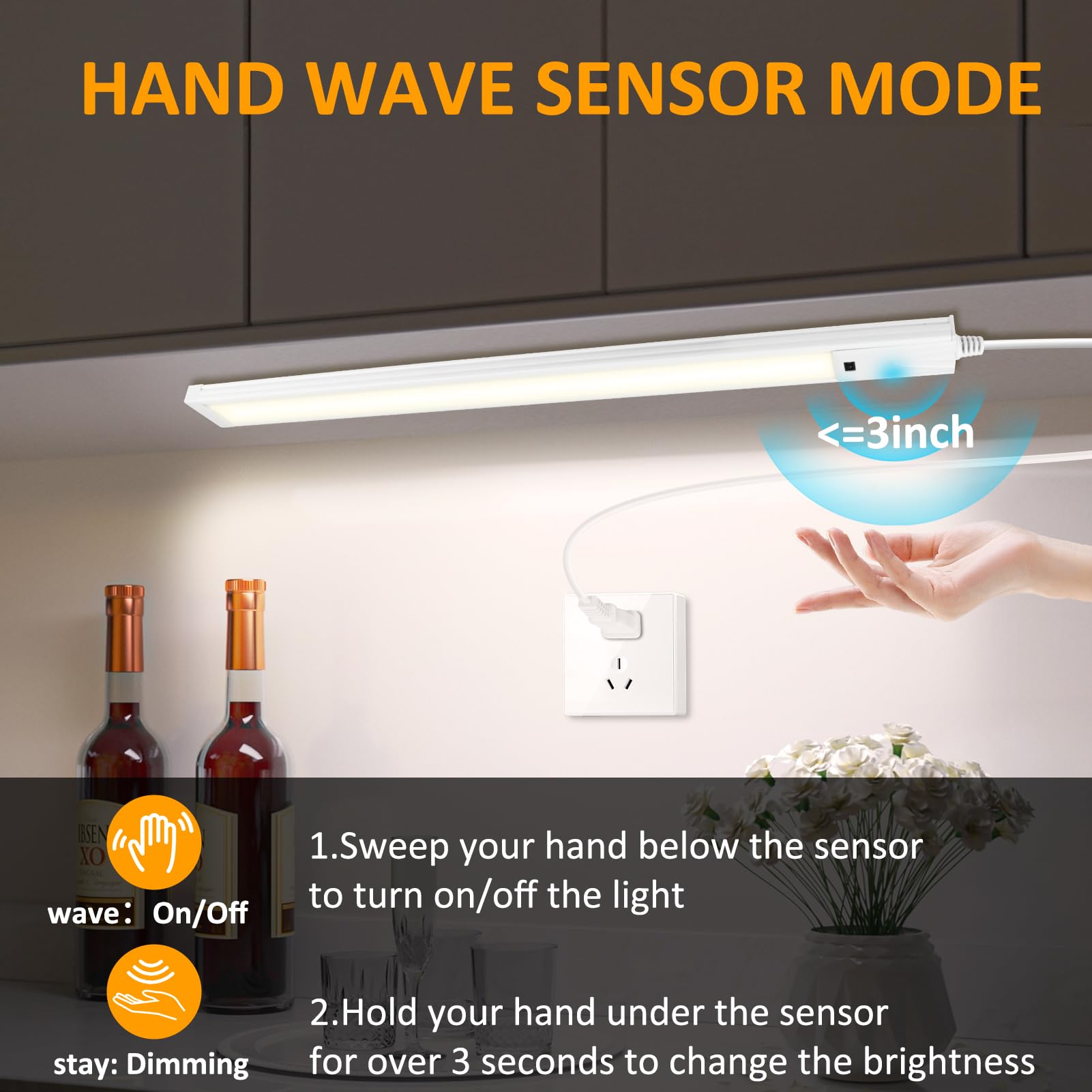 16 Inch Under Cabinet Lights with Hand Wave, Plug in LED Under Counter Light, Over Sink and Stove Lighting, Color Tunable 3000K to 6000K, Touchless Dimmable for Kitchen, Shelf, Cupboard, Closet, Desk
