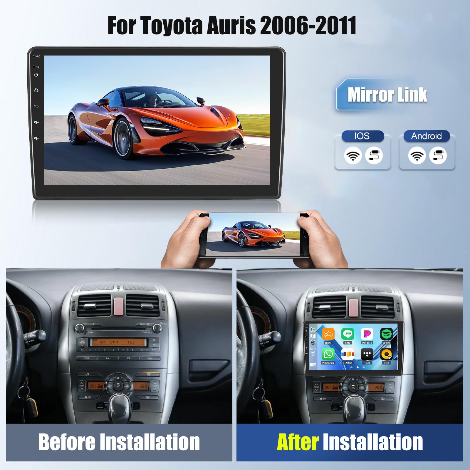 Android 15, 2G+64G GOHHDL Autoradio 2 DIN para Toyota Auris 2006-2011 Carplay Android Auto, Pantalla Táctil de 10-Pulgadas, Radio para Coche con GPS WiFi EQ Bluetooth FM/RDS SWC +Cámara + Mic