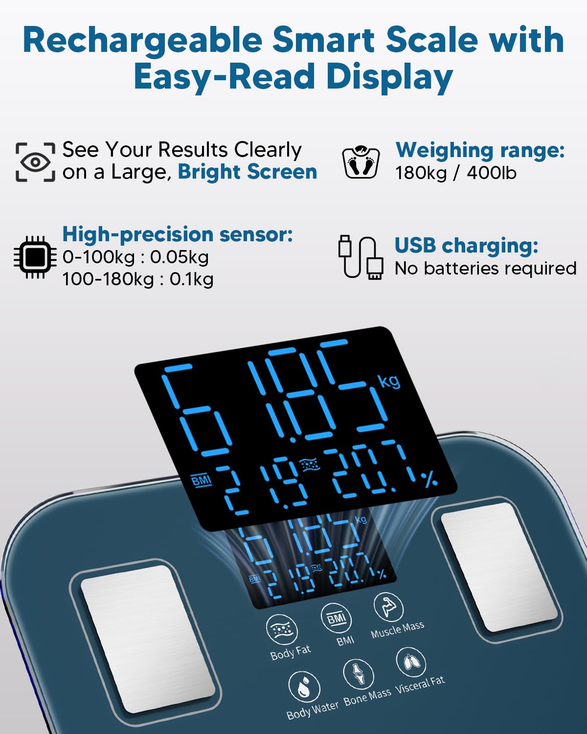 arboleaf Körperfettwaage USB aufladbar, Körperanalysewaage mit zweireihiger LED-Anzeige, Waage mit Körperfett und Muskelmasse für BMI & 14 Werten, Personenwaage Digital ohne Batterie bis zu 180kg