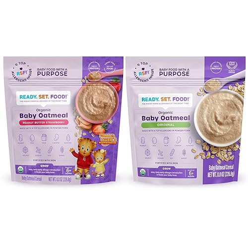 Ready, Set, Food! Cereal orgánico de avena para bebé, mantequilla de maní, fresa y original (paquete de 2), 15 porciones cada una  Alimento para