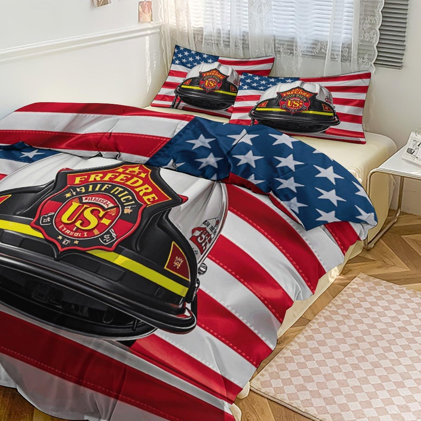 Parure de lit motif pompier et drapeau américain, couette épaisse 3 pièces pour grand lit