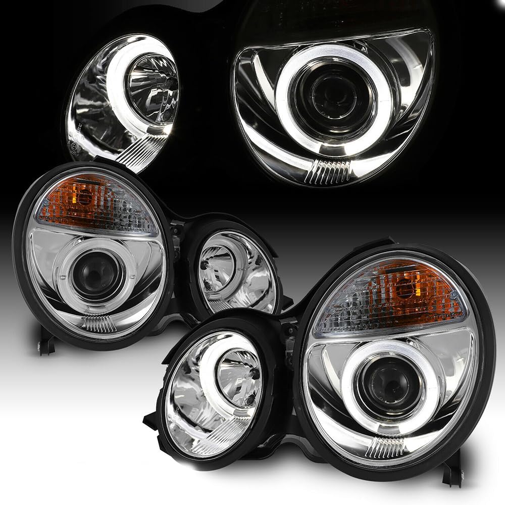 2pcs Front Left Right Driver Passenger Side Clear Lens Chrome Housing W210 Dual Projector Headlights Lamp for Benz for E430 4Matic/Base 00-02