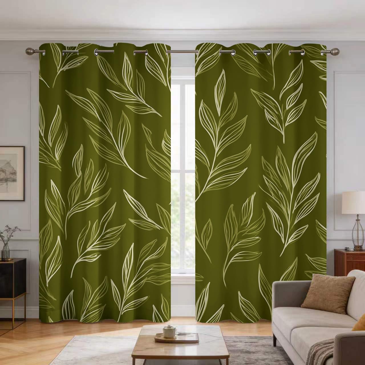 Rideau occultant vert botanique en lot de 2 œillets 140x260 cm
