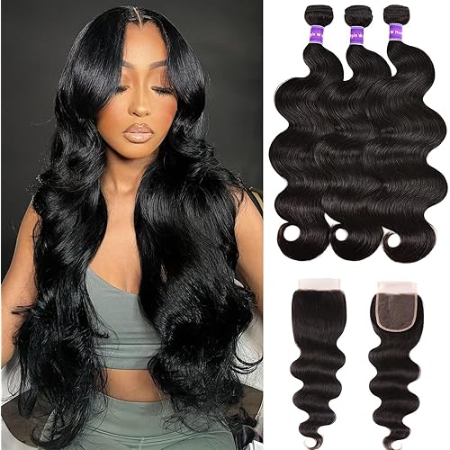 Brazilian Body Wave 3 Bundles With Closure Free Part (16 18 20+14) Body Wave Bundles with 4X4 Closure 100% Unprocessed Virgin Hair Weft Human Hair Bundles with Swiss Lace Closure Natural Color