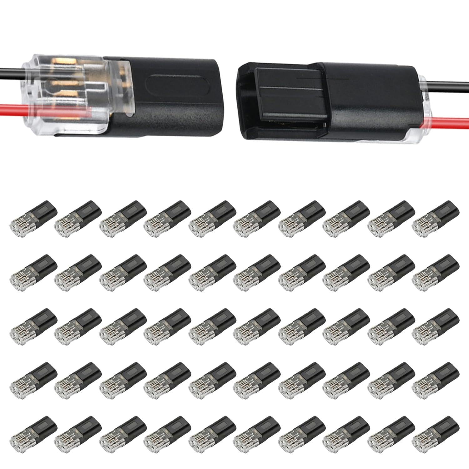 50 Pcs Quick Solderless Push-in Electrical Wire Connectors, 2 Pin LED Strip Light Extension Cable Connectors with Locking Buckle, No Strip No Crimp Terminals for DIY Electrical Projects, Black
