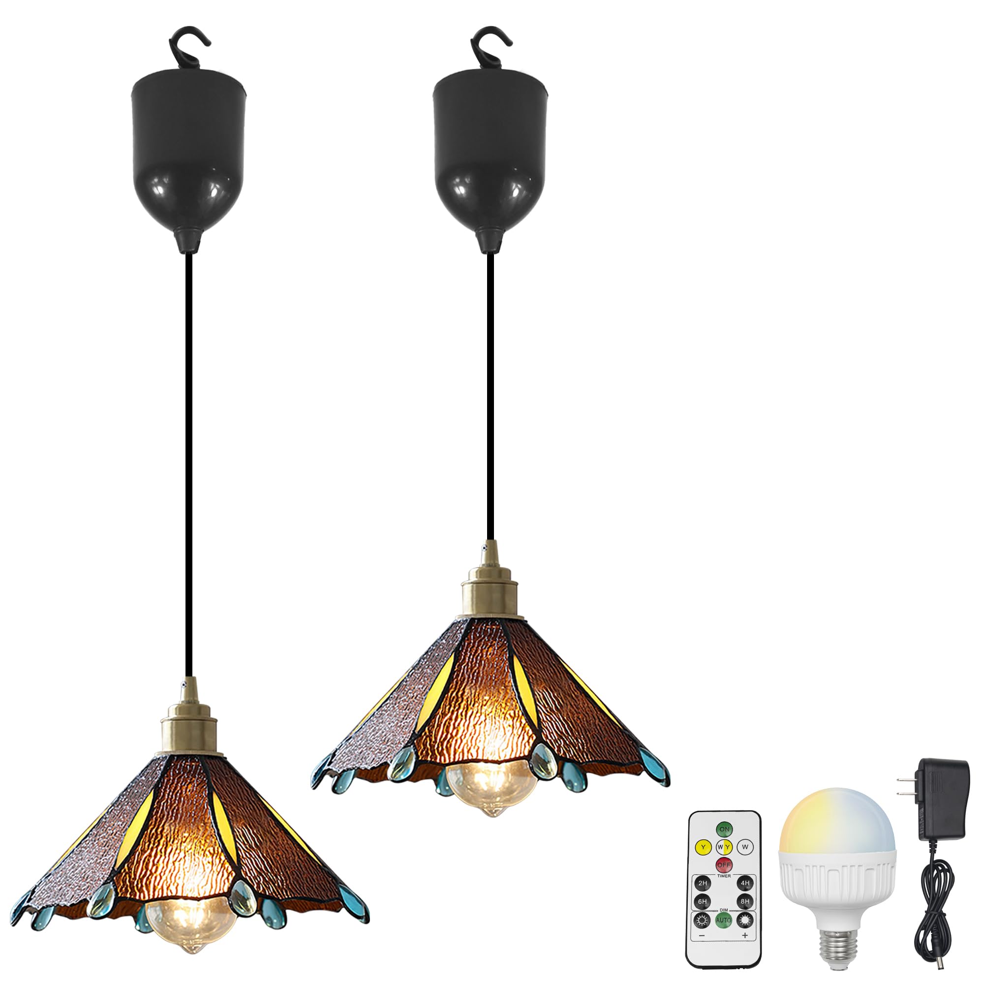 SKIVTGLAMP Adjustable Height Rechargeable Battery Operated Pendant Light, Remote Control, 4Ft Cord, Timer, Copper Socket Tiffany Wavy Ribbed Coffee Shade Chandeliers for Courtyard Nightstand