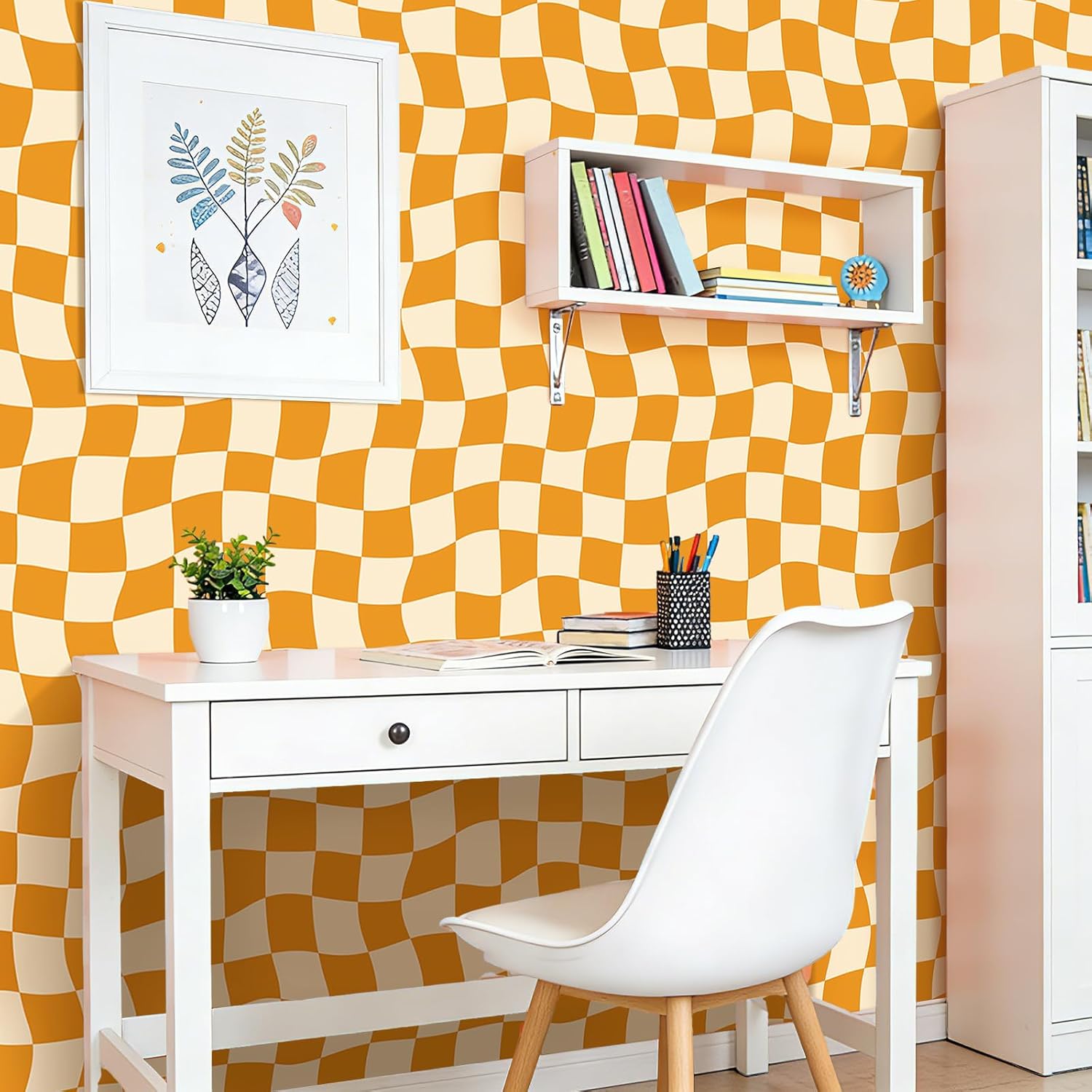 YENHOME Retro Groovy Checkered Wallpaper Peel and Stick 17.5" X10ft 70s Orange Wavy Checkerboard Aesthetic Self Adhesive Removable Vinyl for Bedroom Accent Wall Living Room Kids Room Study Cabinet