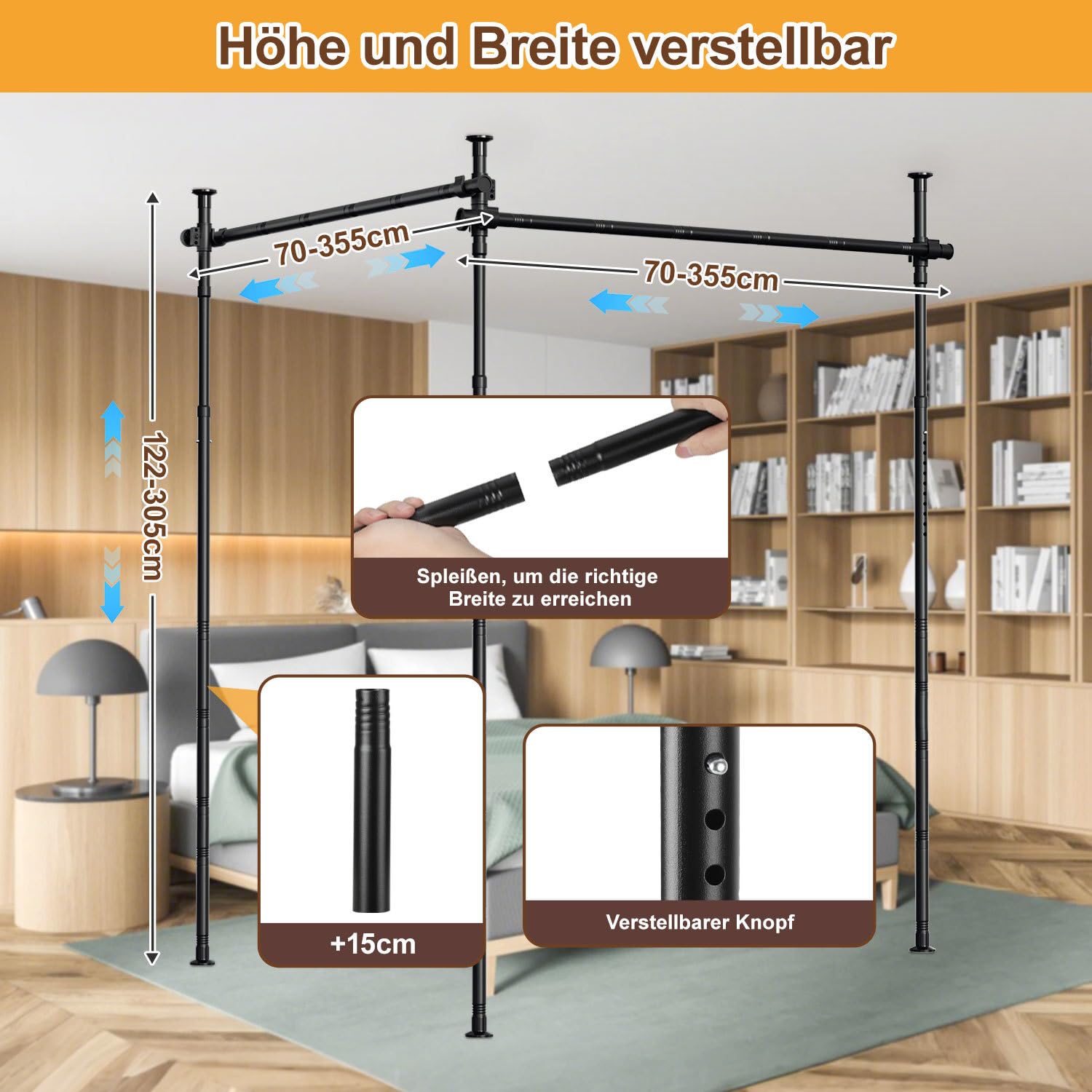 Raumteiler Paraventgestell Gardinenstangen, Freistehend Trennwand Paravent ohne Vorhang, Raumtrenner ohne Bohren, Sichtschutz für Schlafzimmer, 122–320 cm (H), 70–355 cm (B), Schwarz