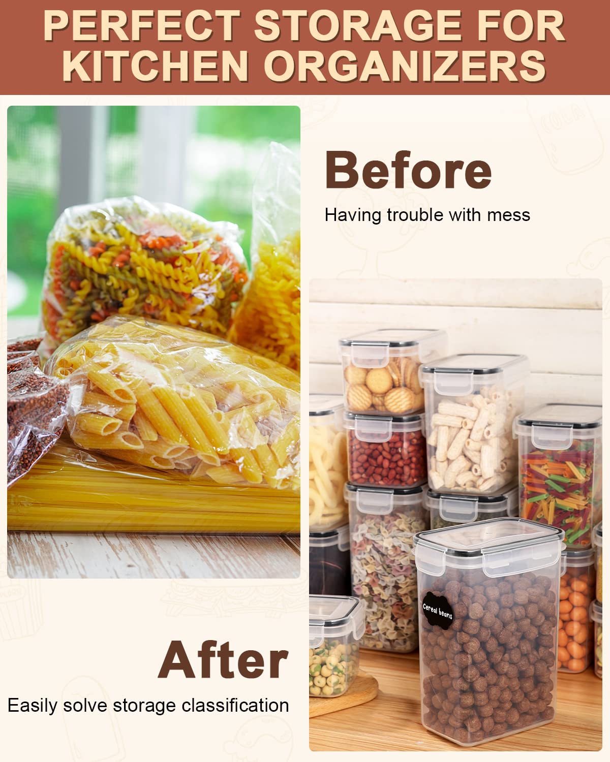 heuchaey Juego de 24 tarros con tapa, caja de almacenamiento de cocina de plástico con pegatinas, pincel y cuchara, recipientes para cereales, harina, pasta, sin BPA