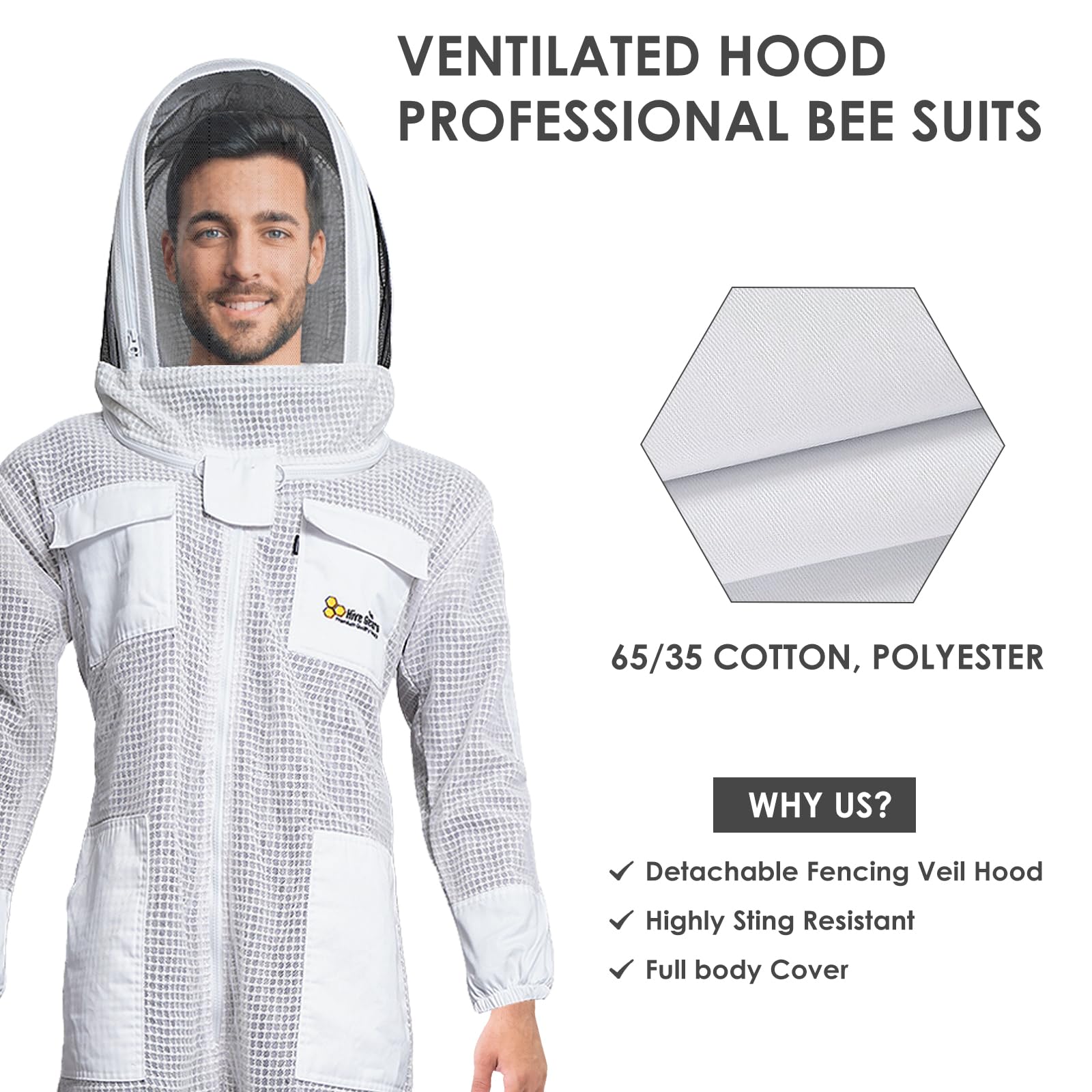 Tuta professionale a 3 strati per apicoltura da uomo e donna, con cappuccio ventilato anti-puntura, colore bianco, a 3 strati, con guanti in pelle
