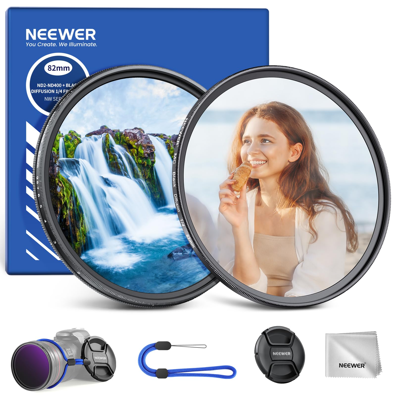 NEEWER 82 mm zmienna dyfuzja ND i czarnej mgły zestaw filtrów 1/4, 2-pak wielowarstwowego szkła optycznego o neutralnej gęstości ND2-400 i marzycielski miękki filtr z efektem kinowym do obiektywu