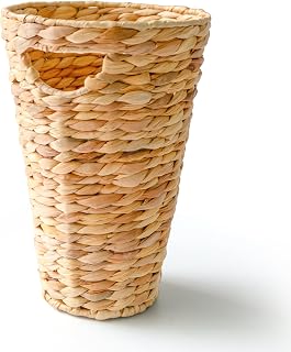 KOKODO Cylinder Waste Basket, Water Hyacinth Wicker Trash Can with Handles and Metal Frame, Boho Handwoven Wicker Garbage Bin for Home Office, Bedroom, Bathroom (Pack 1)