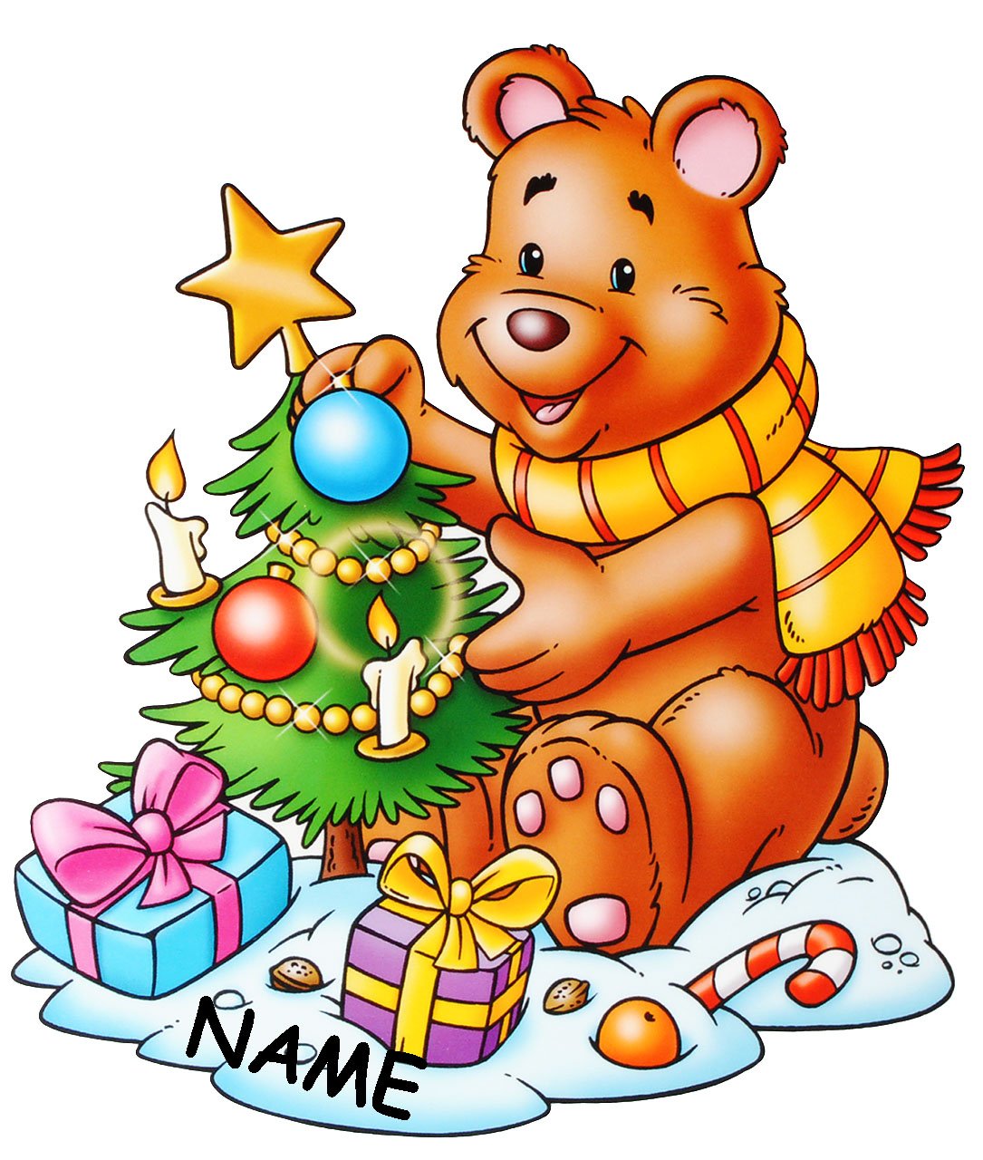 Fensterbild 'Weihnachtsteddy Mit Geschenken' – Inkl. Persönlichem Namen, Statisch Haftend, Wiederverwendbar