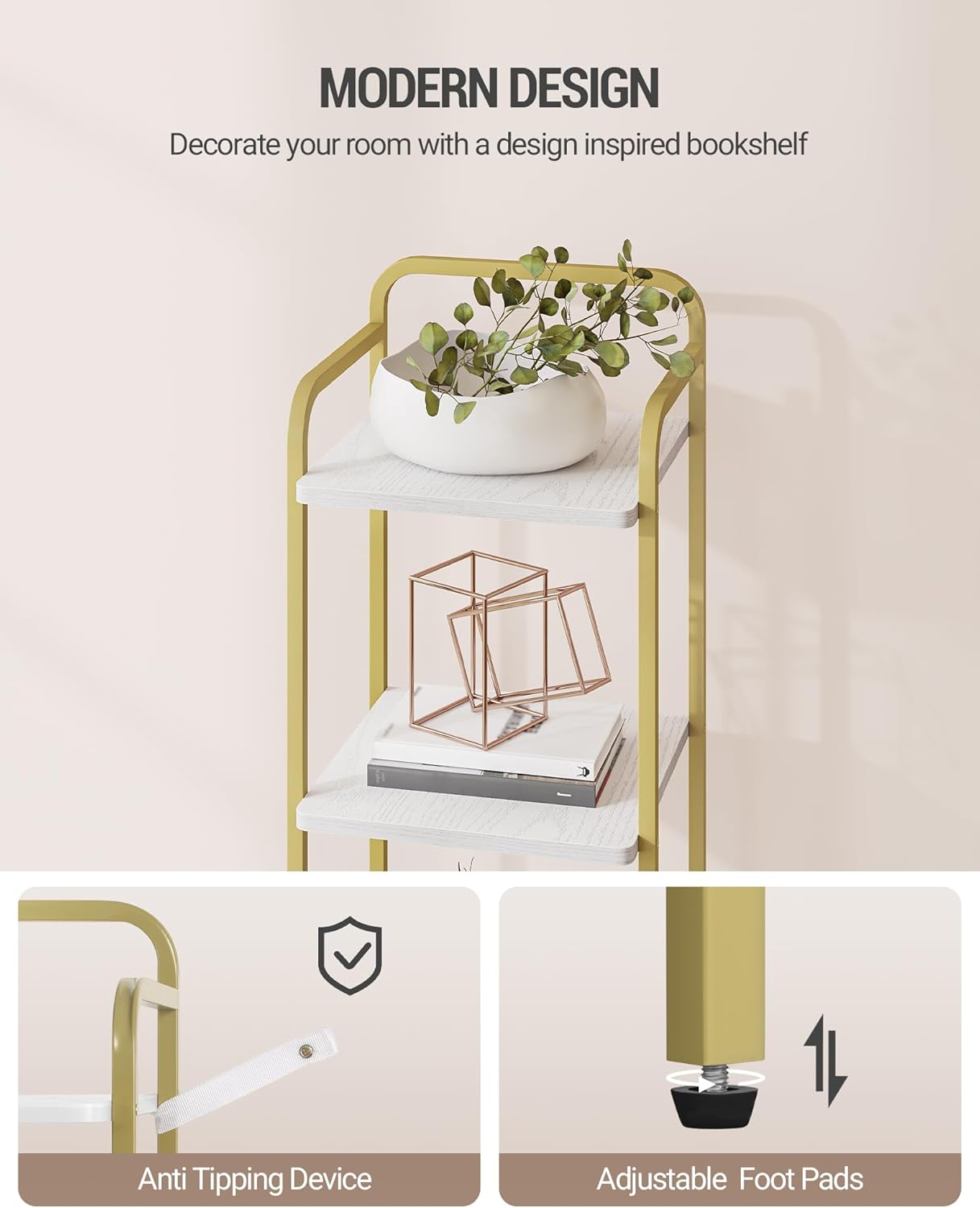 Bookcase Bookshelf, 6-Tier Narrow Book Shelf, Industrial Coner Shelf Storage Organizer, Slim Shelving Unit for Home Office, Living Room, Bedroom, Kitchen, White Gold BC24613G - Image 5