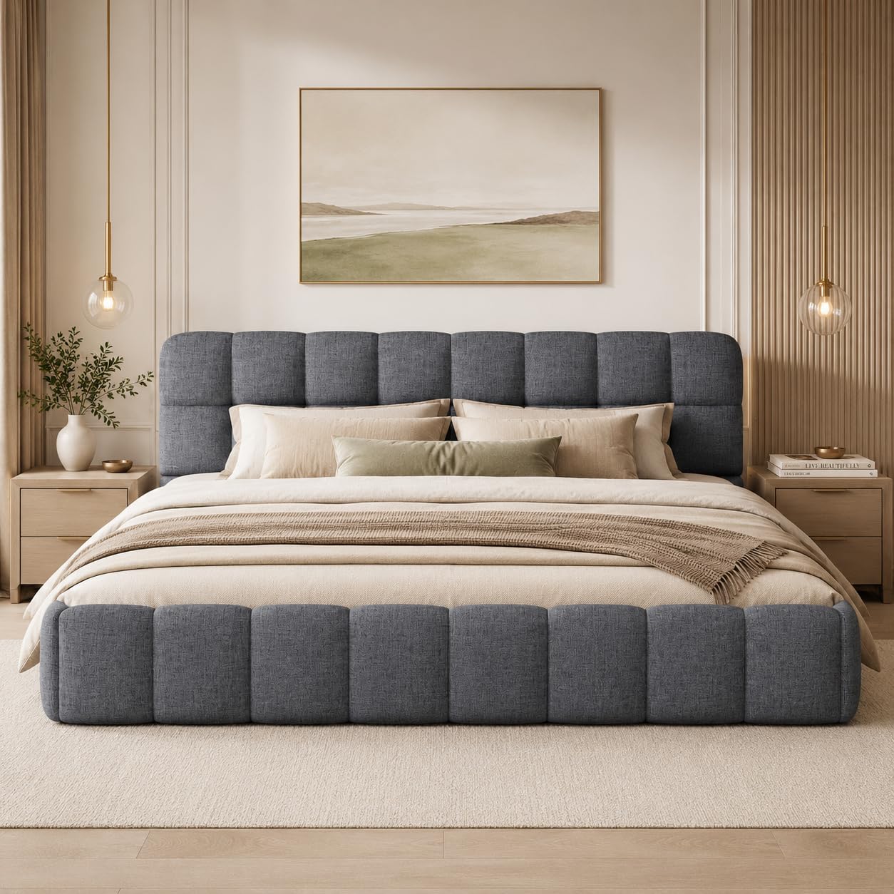 Cama acolchada de 140 x 190 cm, cama de matrimonio acolchada de tela con estructura de cama con cabecero y somier de láminas, cama de matrimonio para niños, respaldo suave y estructura acolchada (gris