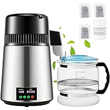 1.1 Gal Water Distiller, 0.3 Gal/H, 750W Distilled Water Maker Machine 0-99H Timing Set Temp Display, 304 Stainless Steel Countertop Distiller Glass Carafe Cleaning Powder 3 Carbon Packs, Silver
