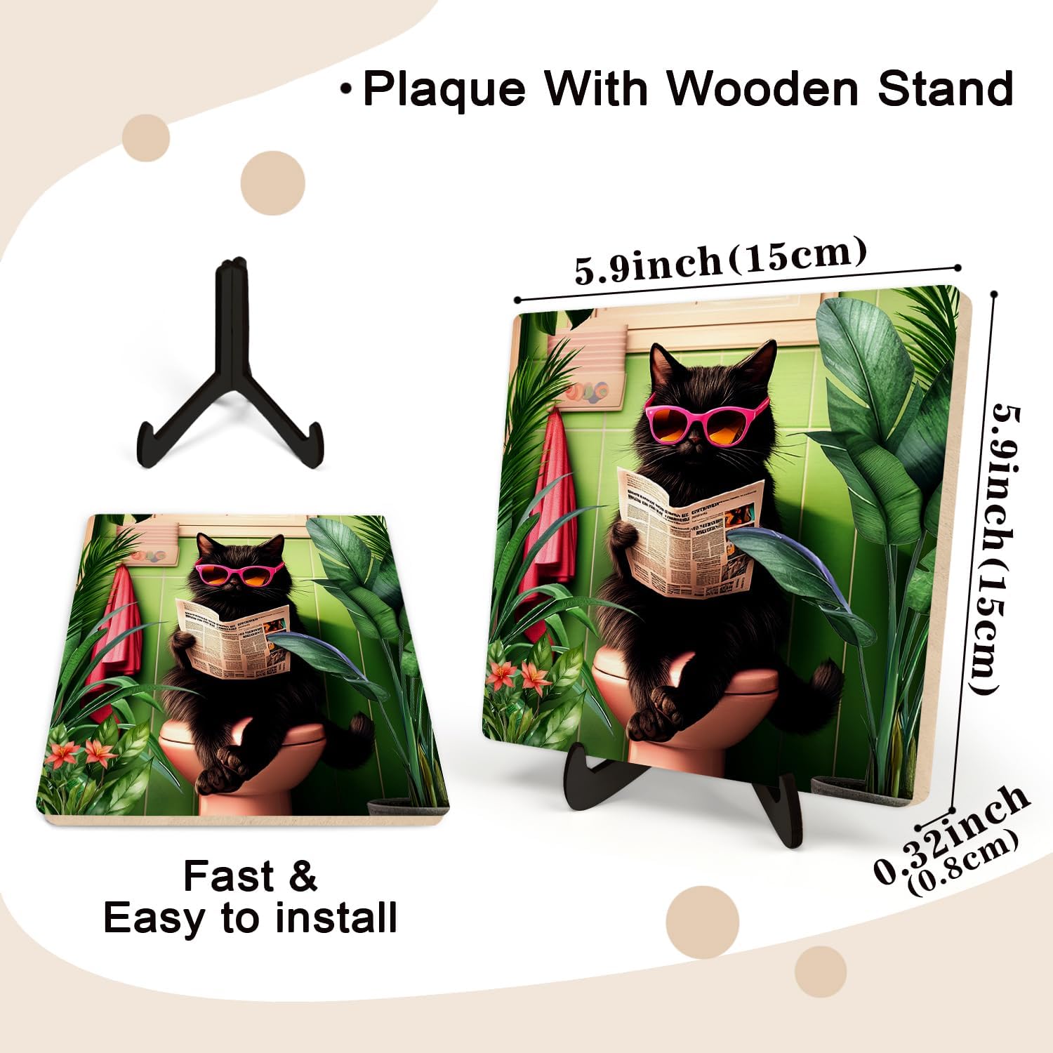 Funny Black Cat Bathroom Sign, Black Cat Sitting on Toilet Reading Newspaper,Modern Humorous Illustration Style Wood Plaque Sign with Stand,Bathroom Toilet Home Shelf Desk Decor.5.9x5.9 Inch(CAT) image 4