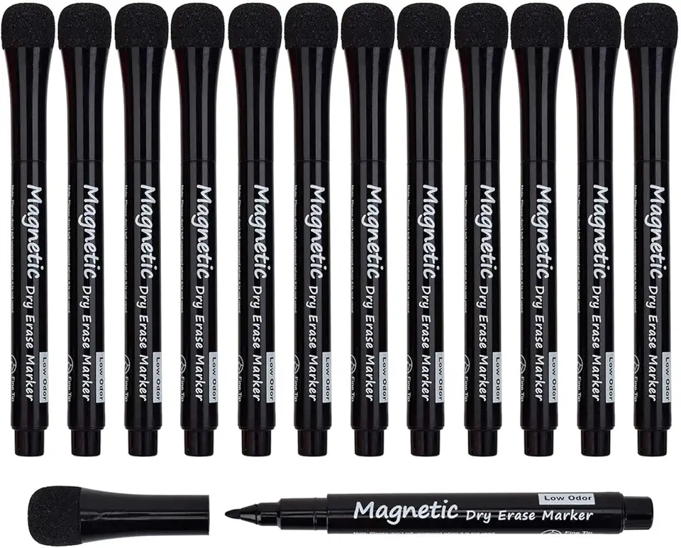 Linkbro Marcadores magnéticos apagáveis a seco – ponta fina, cor preta, pacote com 12, marcadores de quadro branco de baixo odor para crianças e escola, quadro branco e calendário, geladeira