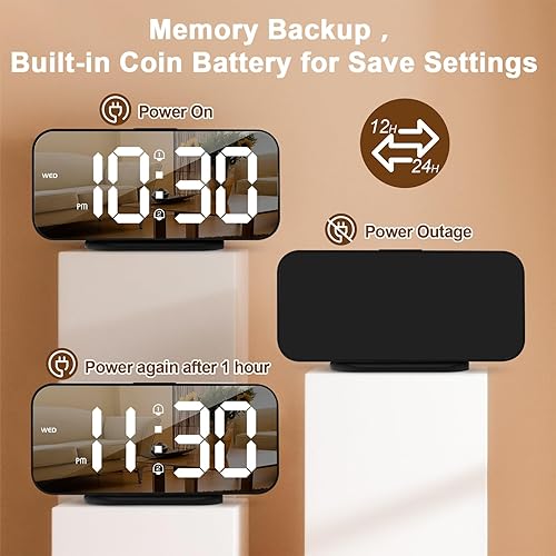 Miniatura 7 de Reloj despertador digital delgado ALANAS para dormitorios, alarmas duales con repetición, superficie de espejo, atenuador de 4 niveles y 2 puertos