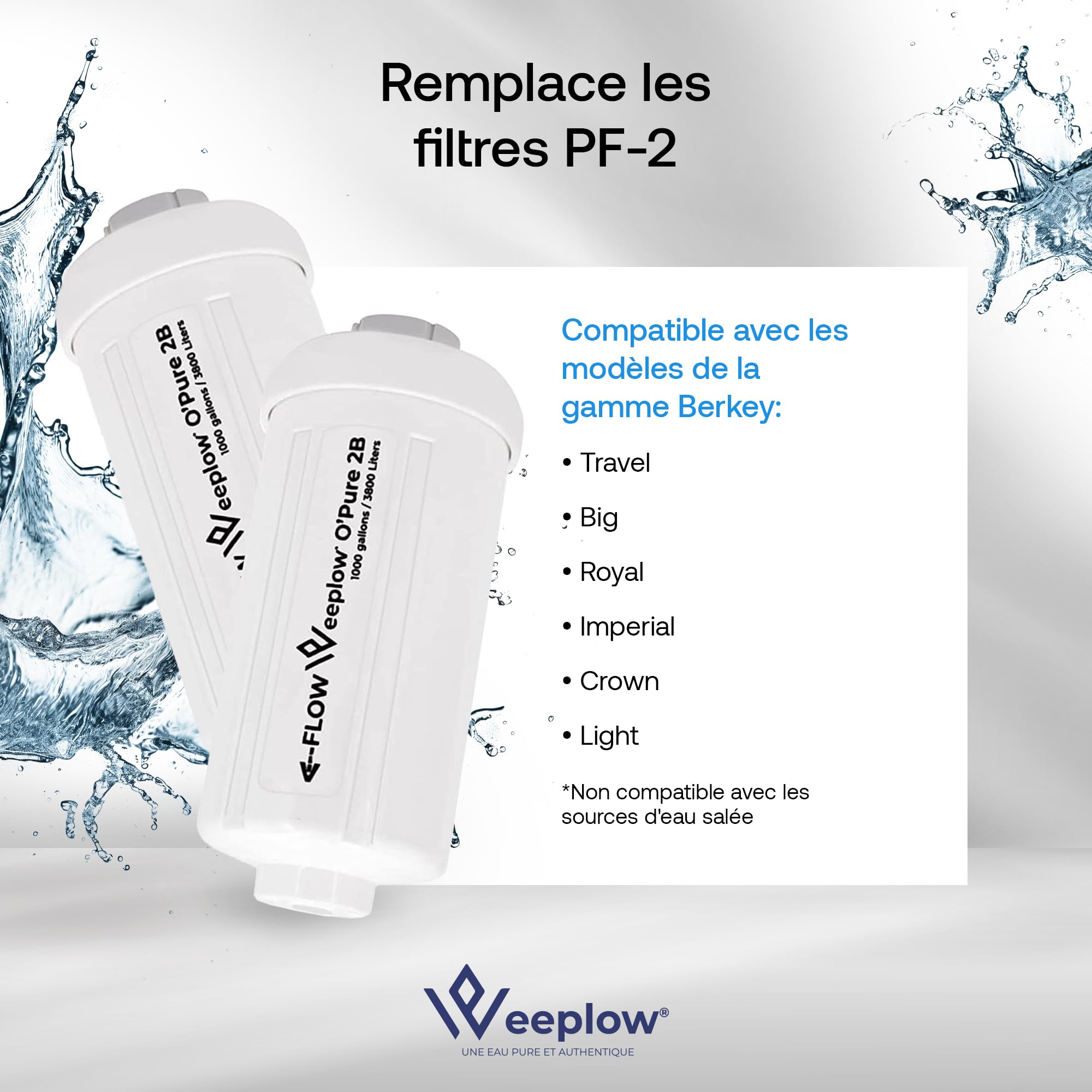 Weeplow O'Pure 2B 2PF-2 Filtre à Eau pour Systèmes Gravitaires Berkey Lot 2 | Réduction du fluorure et de l'arsenic. Compatibles avec les filtres à charbon O'Pure 2 et Black Berkey. Lot de 2 éléments.