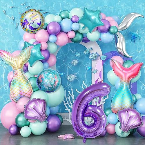Miniatura 4 de 9 piezas de decoraciones de cumpleaños de sirena para niñas, el kit de suministros de fiesta de sirena incluye taid de sirena, globo del número 6,