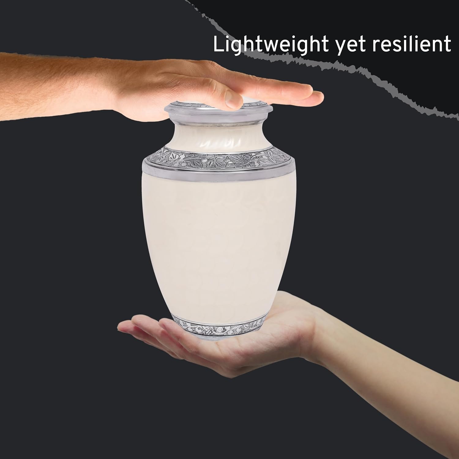 Lightweight Metal Cremation Urn for Human Ashes - Decorative Metal Memorial Urn for Adults, Secure Screw Lid, Durable Burial Urn for Home, Funeral, Men & Women 10 (White & Silver) - CLEENTABLE