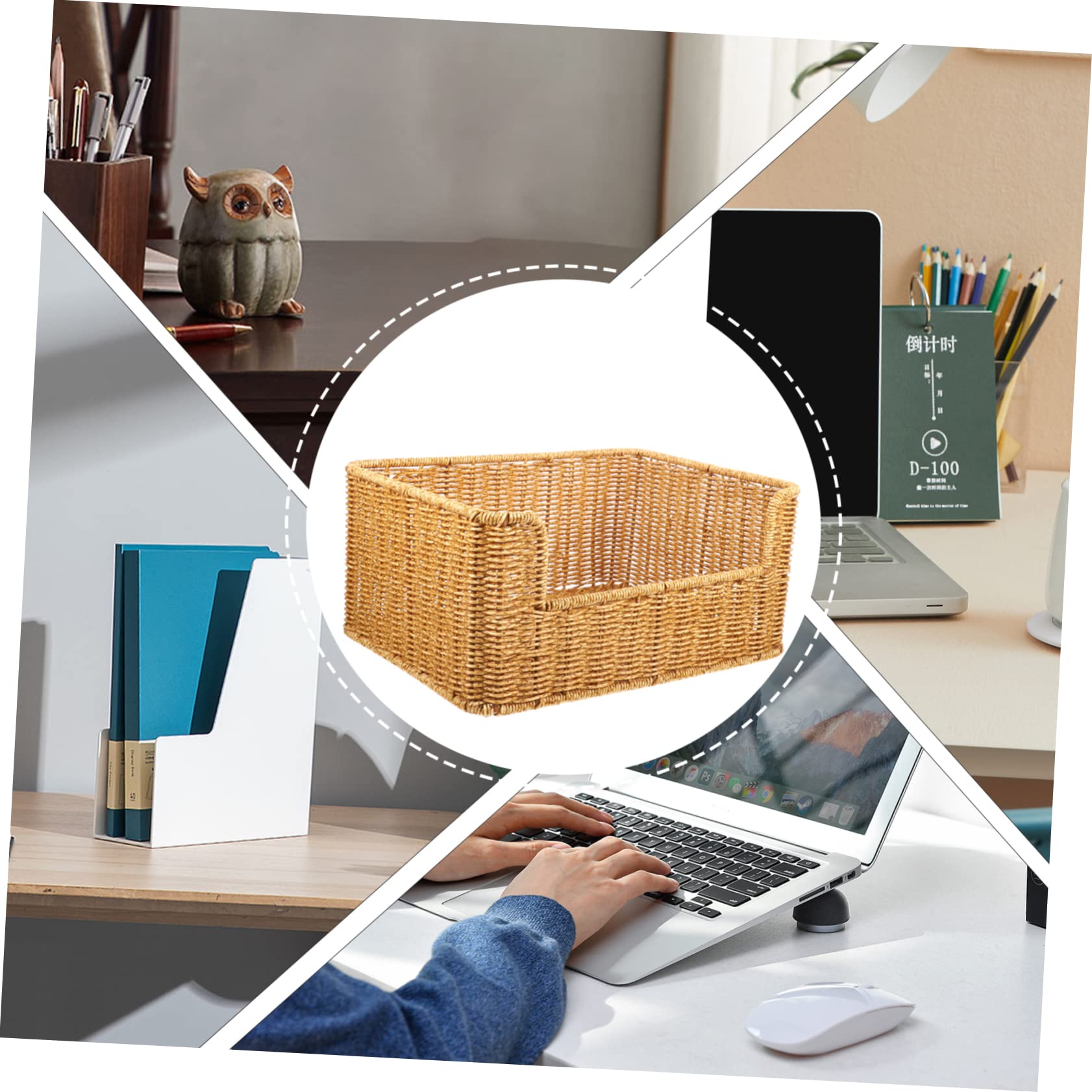 SOLUSTRE Woven Imitation Rattan Basket Multi-function Desktop Storage for Books Snacks Chic Home Decor
