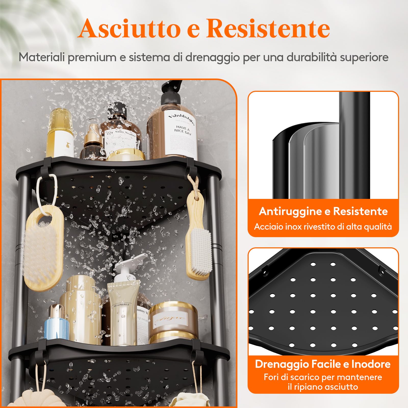 Mensola Doccia a 4 Livelli senza Foratura, Organizzatore Angolo per Bagno in Plastica, Nero 34cm