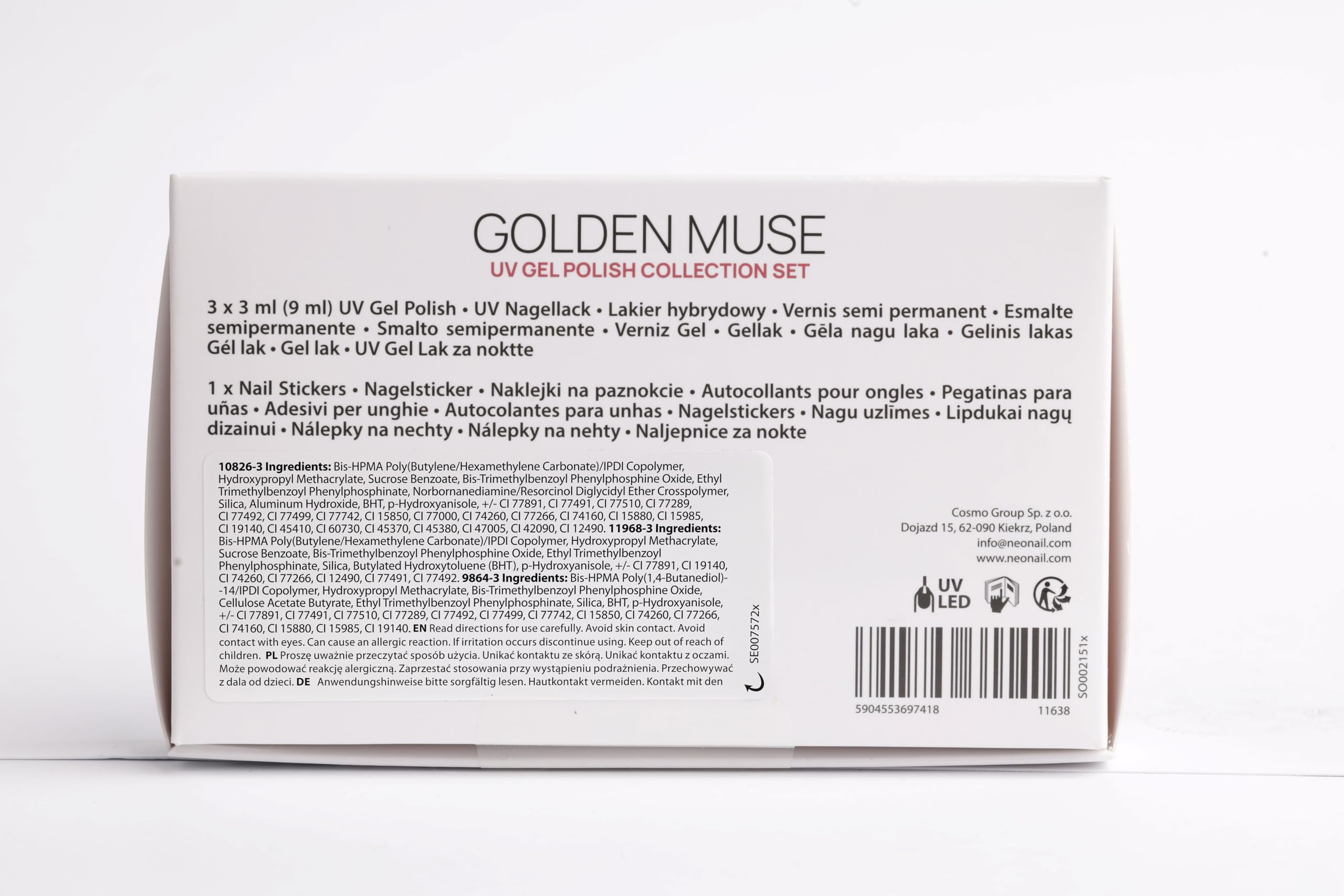 NÉONAIL Zestaw do hybryd: 3x lakier do paznokci 3ml + naklejki Nail Stickers Metallic Gold