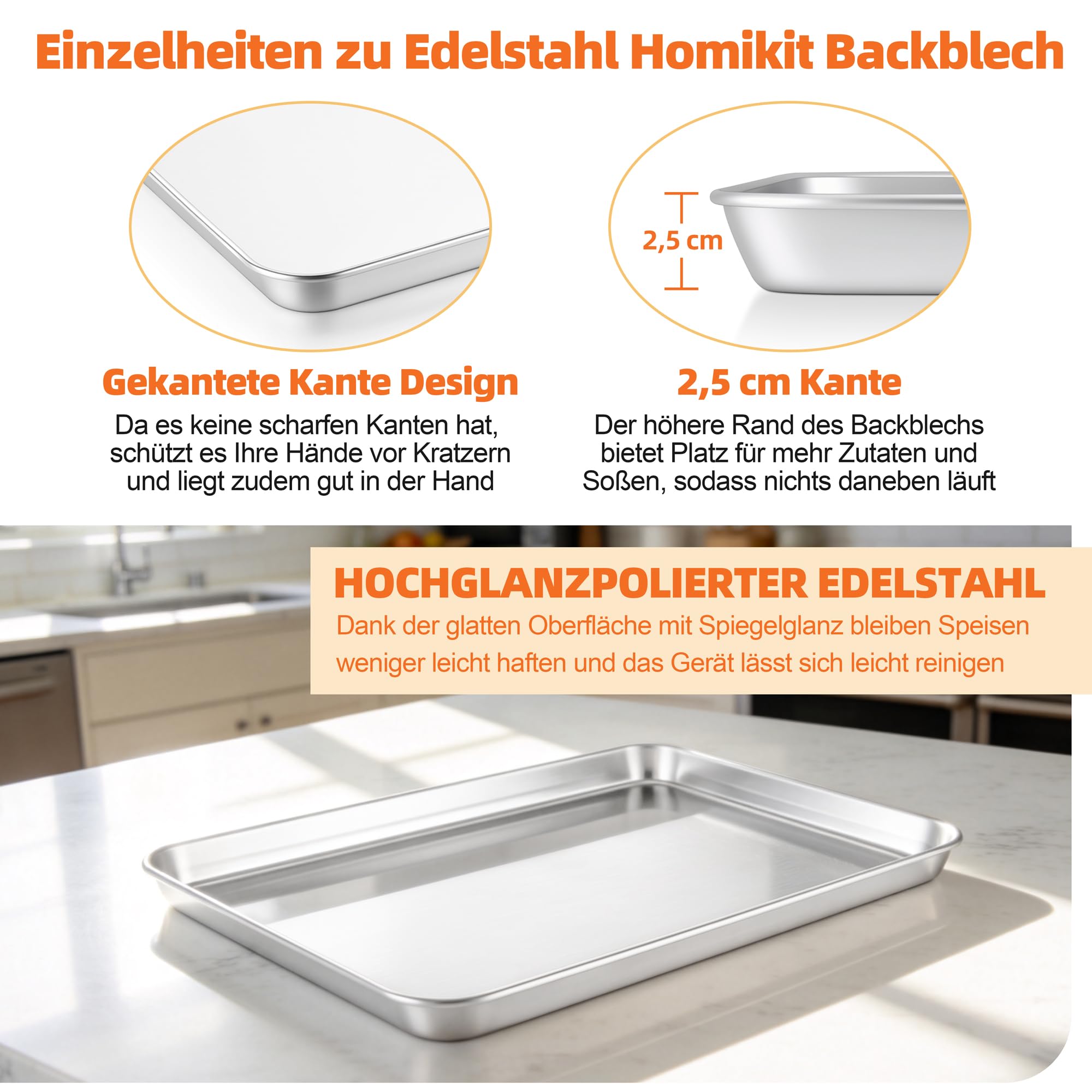 Homikit Teglia da forno in acciaio inox con griglia di raffreddamento, vassoio rettangolare con griglia di cottura, griglia per torte, 40,5 x 30,5 x 2,5 cm, lucidata lucida