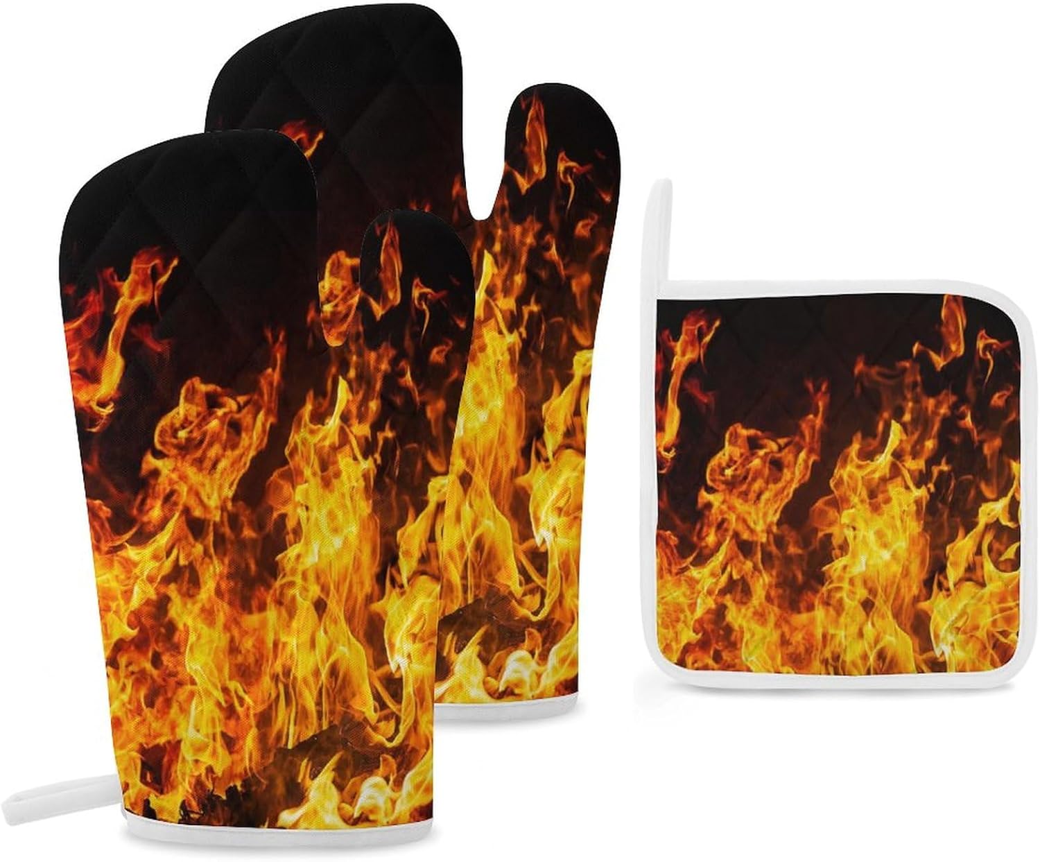 Big Fire Flames on Black Print Oven Mitts and Pot Holders 3 Piece Sets Heat Resistant Gloves Hot Pads Potholders for Kitchen Baking Cooking