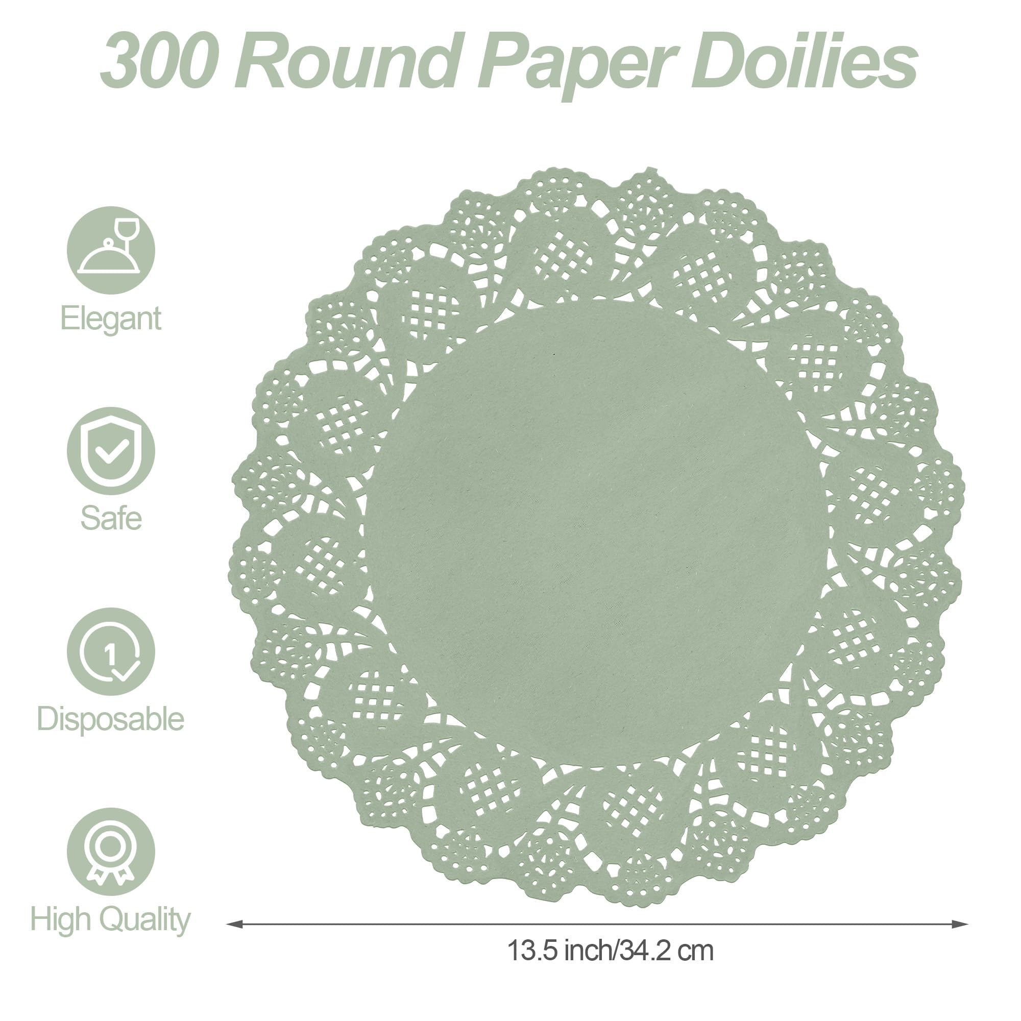 MCEAST Paquete de 300 tapetes Redondos de Papel Verde Salvia de 13.5 Pulgadas, manteles Individuales de Papel de Encaje rústico, tapete desechable para Alimentos, Pasteles, Manualidades, Fiestas