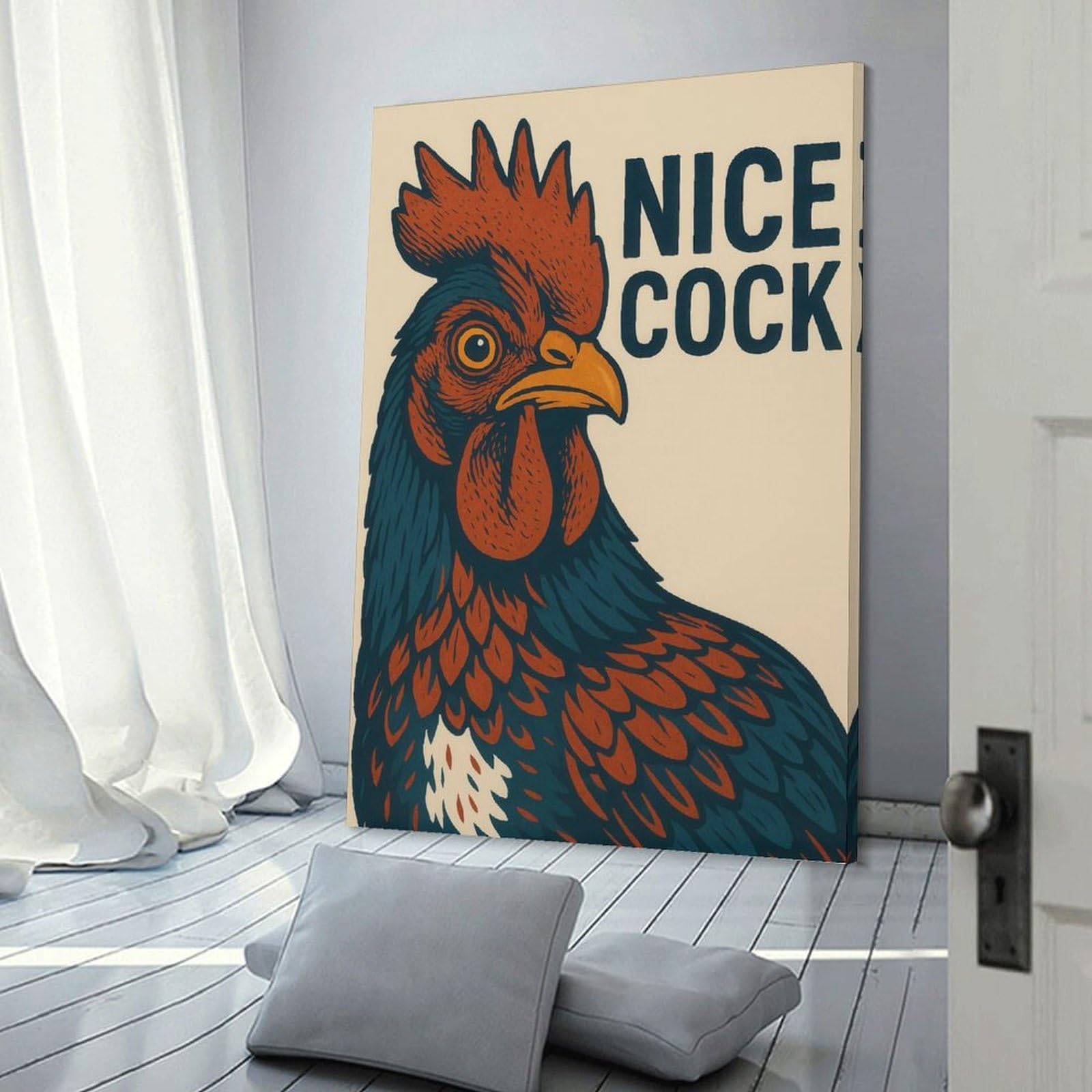 Junmoney Nice Cock Rooster Bathroom Illustration Hanging Wall Art, 20x30inch(50x75cm), for New Homes, Bedrooms Or Workspaces, Thoughtful Wall Decor for Art Lovers