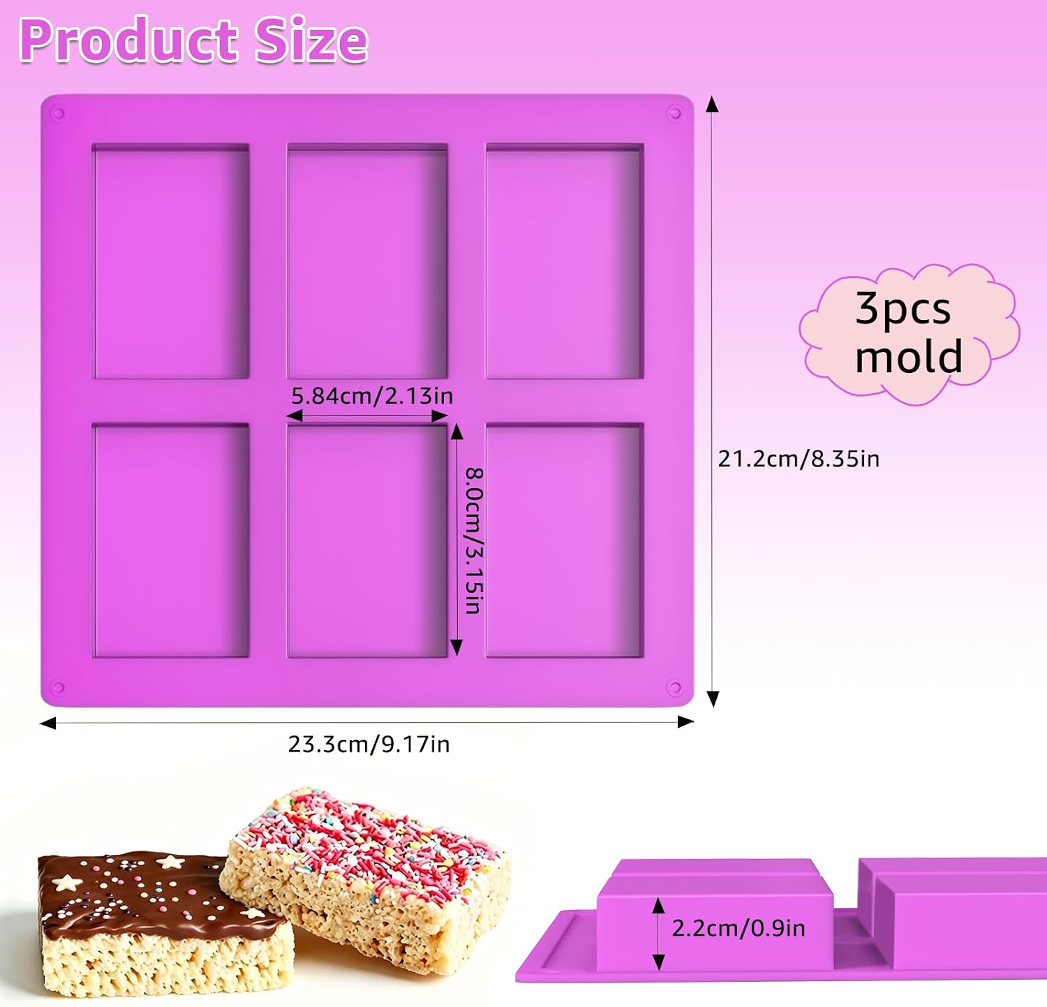 3-Pack Silicone Cereal Bar Mold, 6-Cavity Rice Crispie Treat Cereal Mold