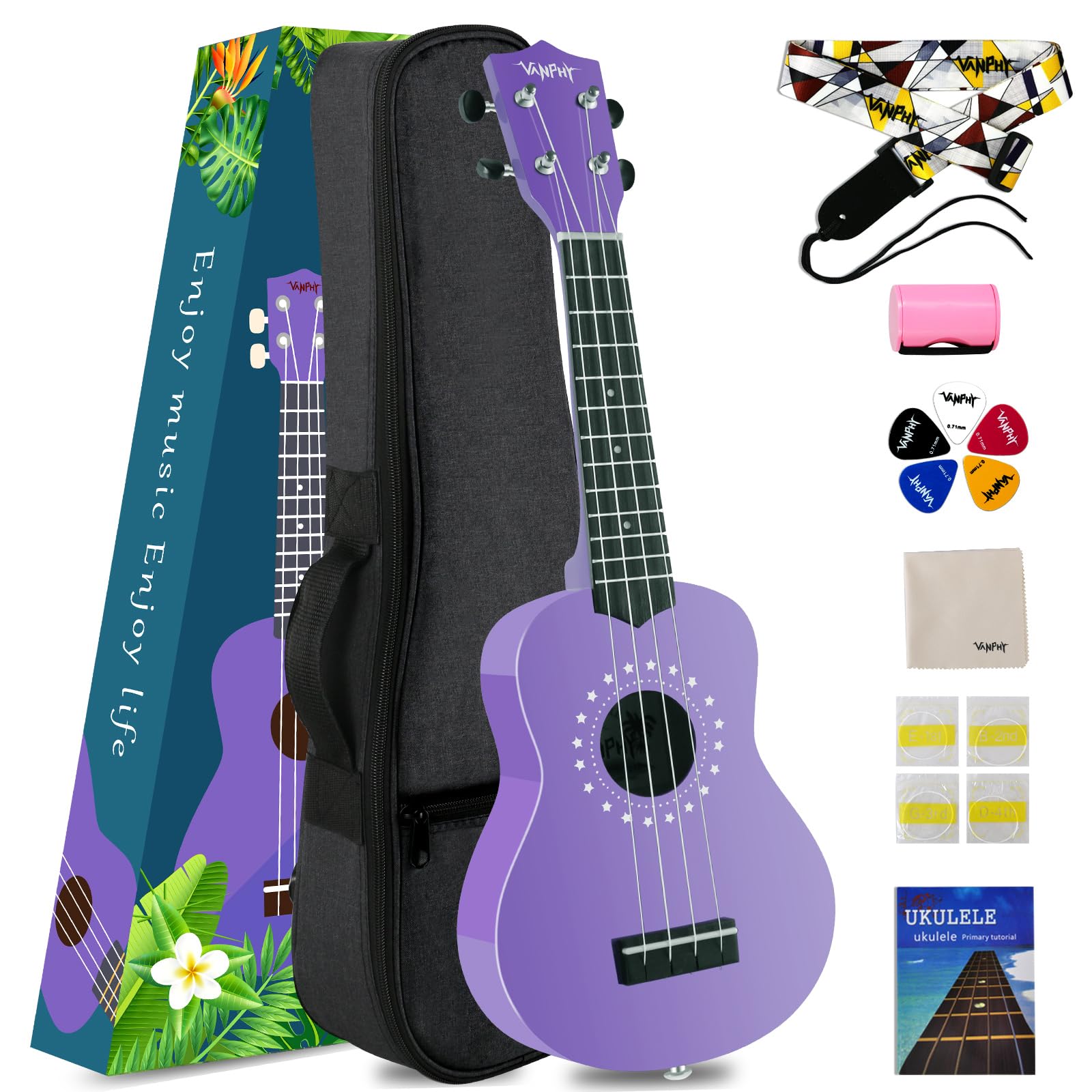Sopran-Ukulele für Kinder, 53,3 cm, Ukulele mit Tasche, Gurt, Plektren, Songbook-Reinigungstuch, geeignet für Erwachsene und Anfänger (lila)