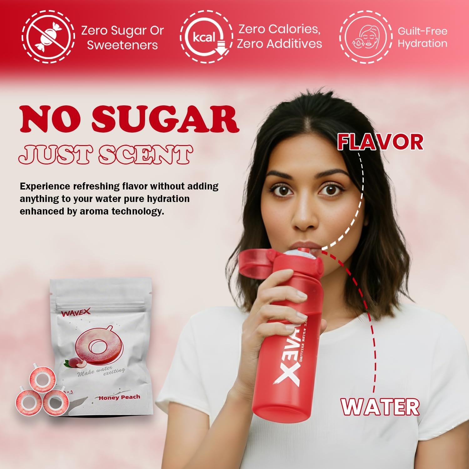 Flavored Water Bottle That Makes Plain Water Enjoyable, Aroma-Powered Hydration, Includes 3 Honey Peach Aroma Flavor Scent Pods, No Sugar or Additives, 0 Calorie, (550ml, Crimson Wave Red) - Image 4