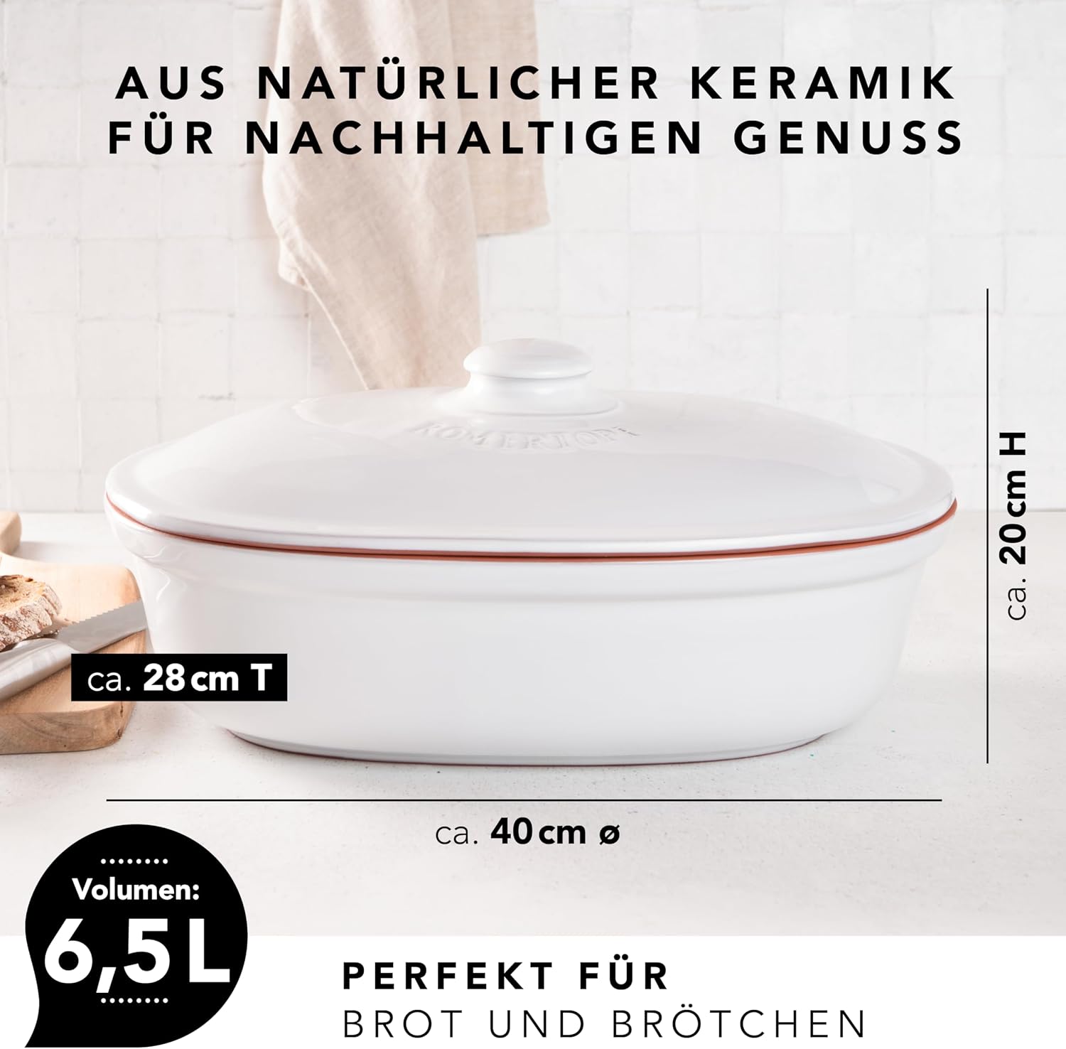 Römertopf Oval Ceramic Bread Freshness Pot | Natural Ceramic - Ideal For Storing Bread And Pastries - 15.7"x11"x7.8" - White