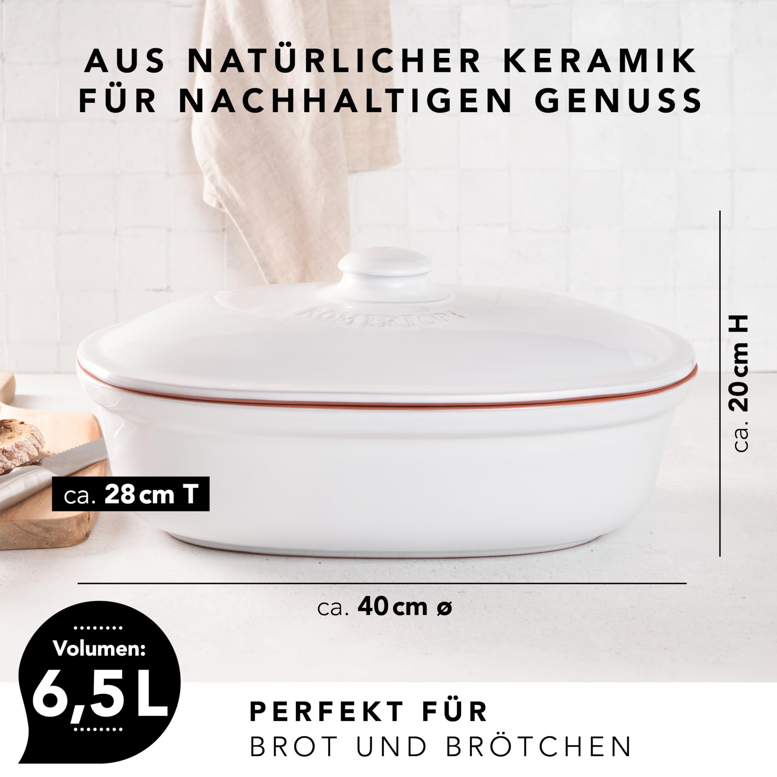 Römertopf Brottopf weiß 6,5 Liter – ovaler Brotbehälter aus natürlicher Keramik mit Deckel – zur Aufbewahrung von Brot, Brötchen, Obst & Gemüse – atmungsaktiv & spülmaschinengeeignet