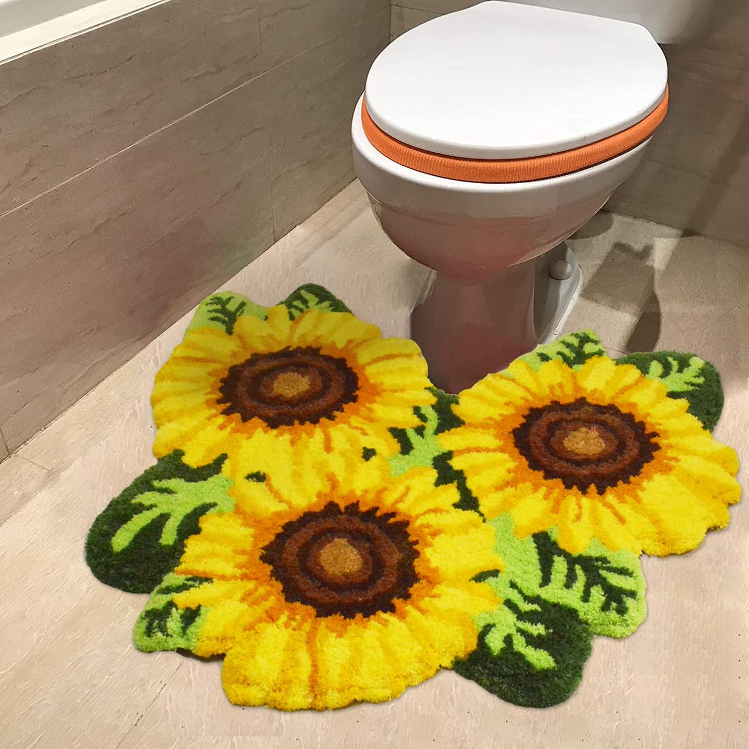 USTIDE Sunflower Bathroom Rug, Floral Toilet Rugs U Shaped Bath Mat, Soft Plush Bath Bathroom Rug Water Absorbent (23.6''X 30'')