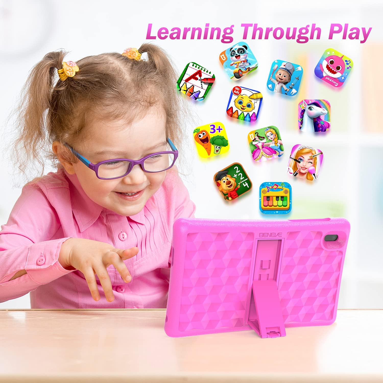 A young child happily using the BENEVE Kids Tablet, with various educational app icons floating above the tablet, illustrating 'Learning Through Play'.